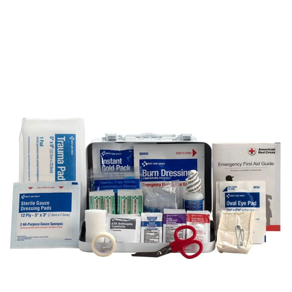 "ANSI Class A+ 351 First Aid Kit in a durable metal case with wall mount, showcasing its organized and OSHA-compliant design."