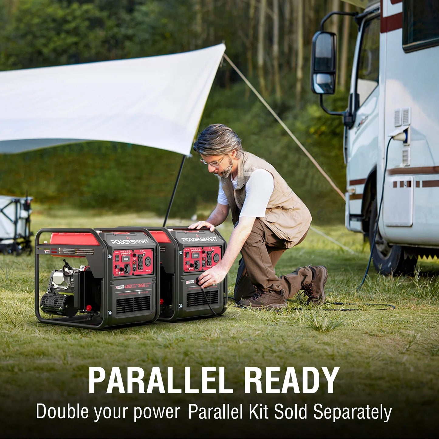 Image of a 4450-watt gas-powered inverter generator, featuring a compact design and EPA compliance, perfect for outdoor adventures and home backup, displayed on a clean white background.