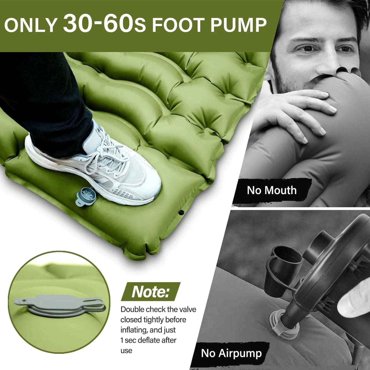 Image of a camping pad with a built-in pillow, featuring an extra-wide ripple air cell design, ultralight construction, and durable materials, ideal for backpacking and emergency preparedness, displayed on a clean white background.