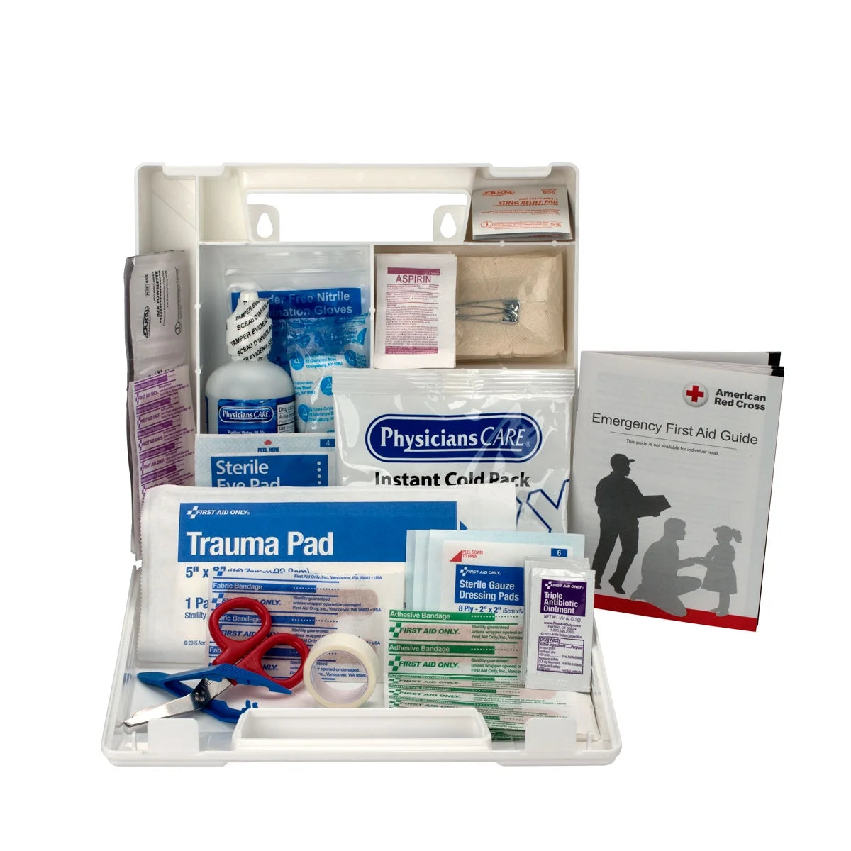 "ANSI-Compliant 107-Piece First Aid Kit displayed with medical supplies, showcasing its compact and organized design."