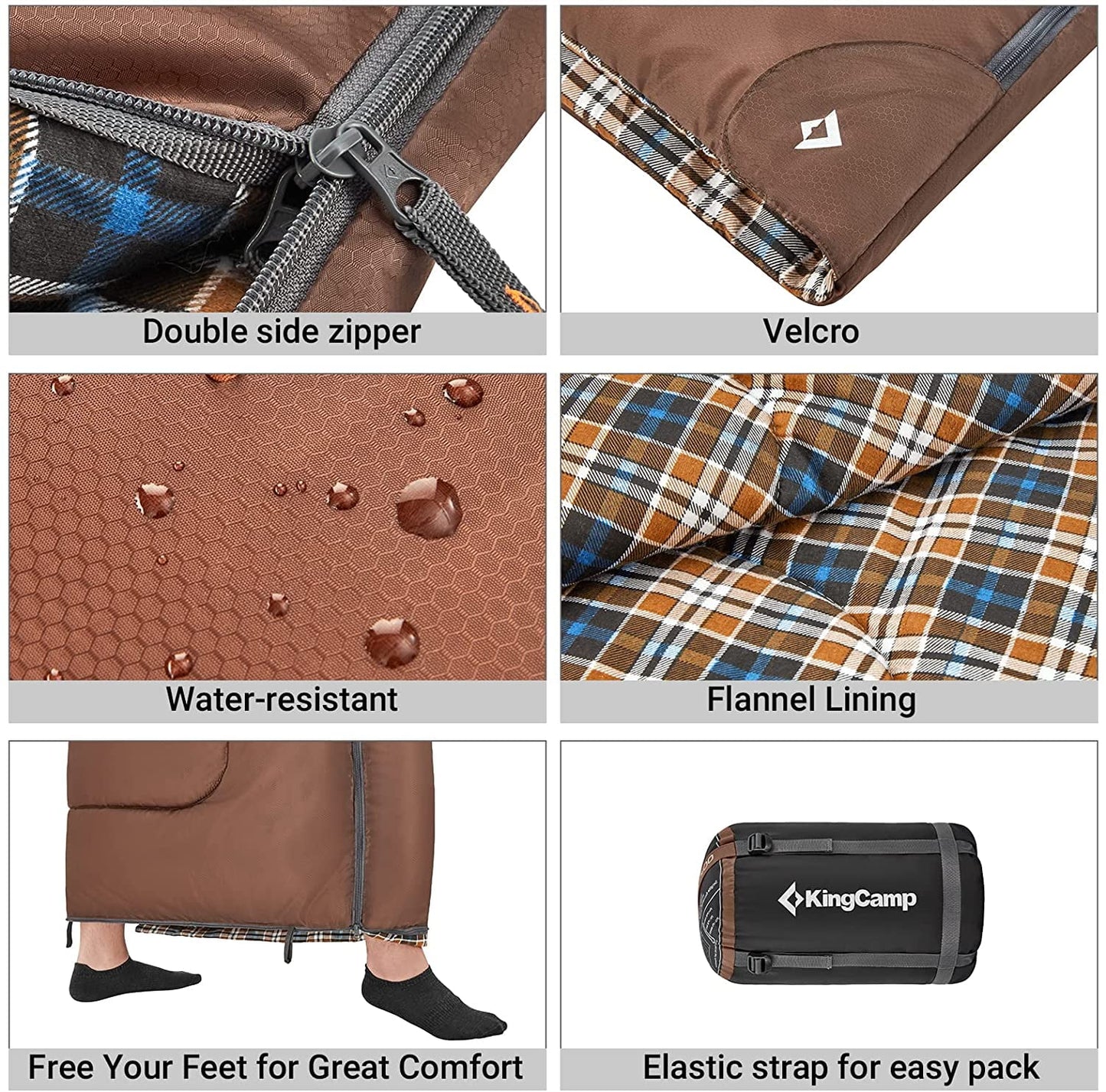 Image of a 4-season flannel sleeping bag in a coffee color, featuring a water-resistant outer shell, flannel interior, and spacious dimensions of 74.8" x 33", displayed on a clean white background.