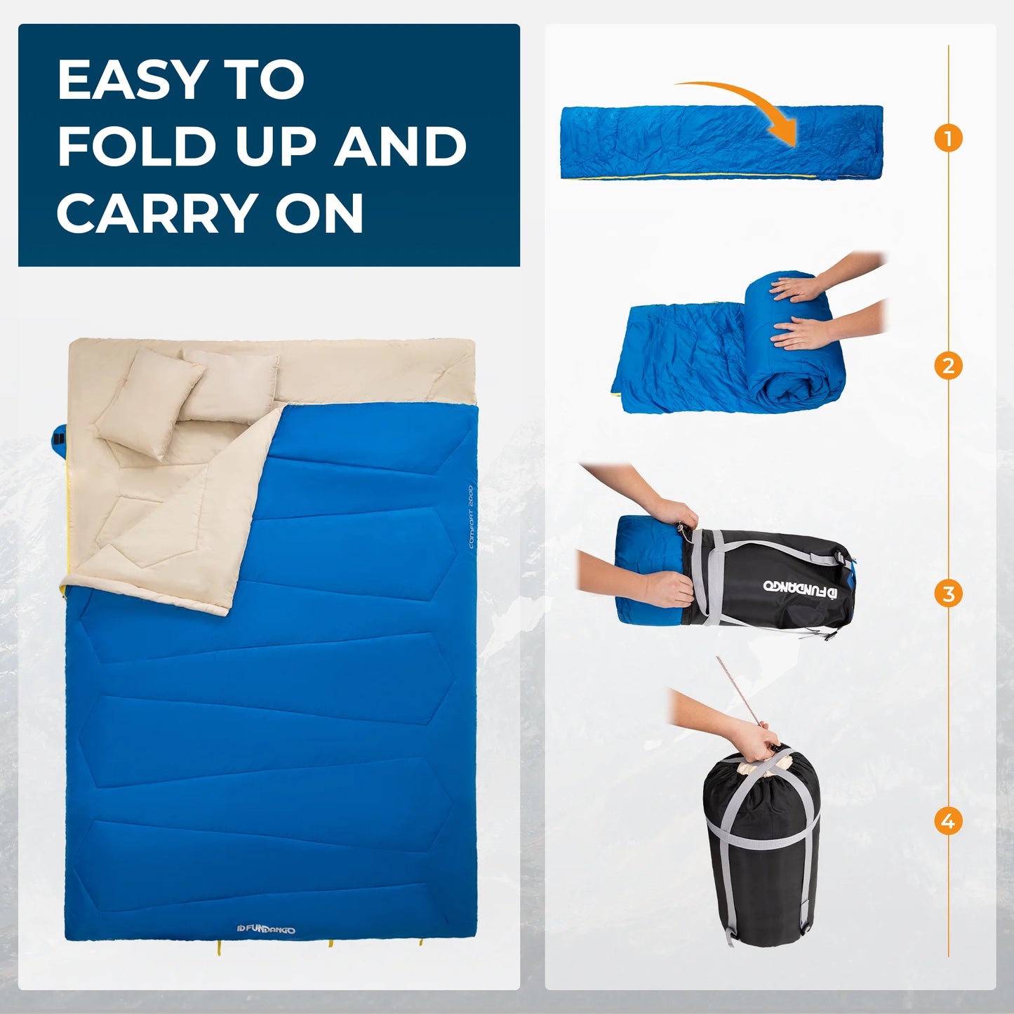 Image of a double sleeping bag with pillows in a lightweight design, featuring a 190T water-resistant shell, convertible into two singles, displayed on a clean white background.