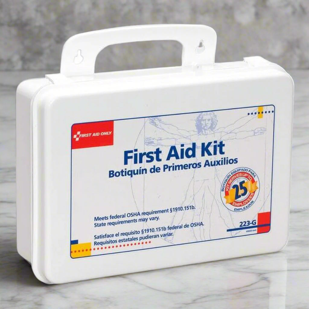 "Compact OSHA-Compliant First Aid Kit with handle, showcasing its weatherproof design and organized medical supplies."