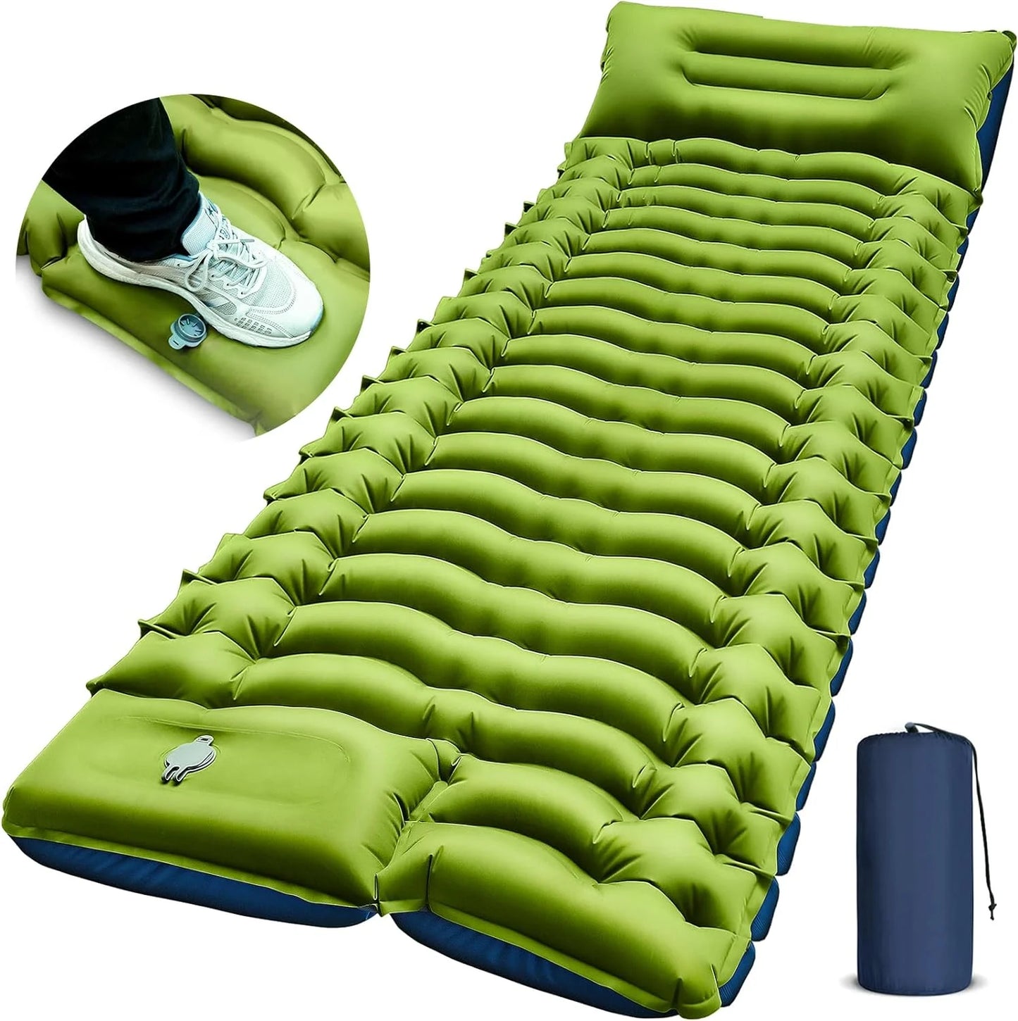 Image of a camping pad with a built-in pillow, featuring an extra-wide ripple air cell design, ultralight construction, and durable materials, ideal for backpacking and emergency preparedness, displayed on a clean white background.