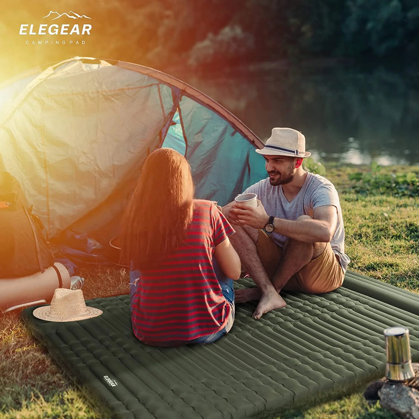 Image of a double camping pad with a 79"x55" size, featuring a built-in foot pump, waterproof 40D nylon material, and ripple air cell design, ideal for camping and emergency preparedness, displayed on a clean white background.