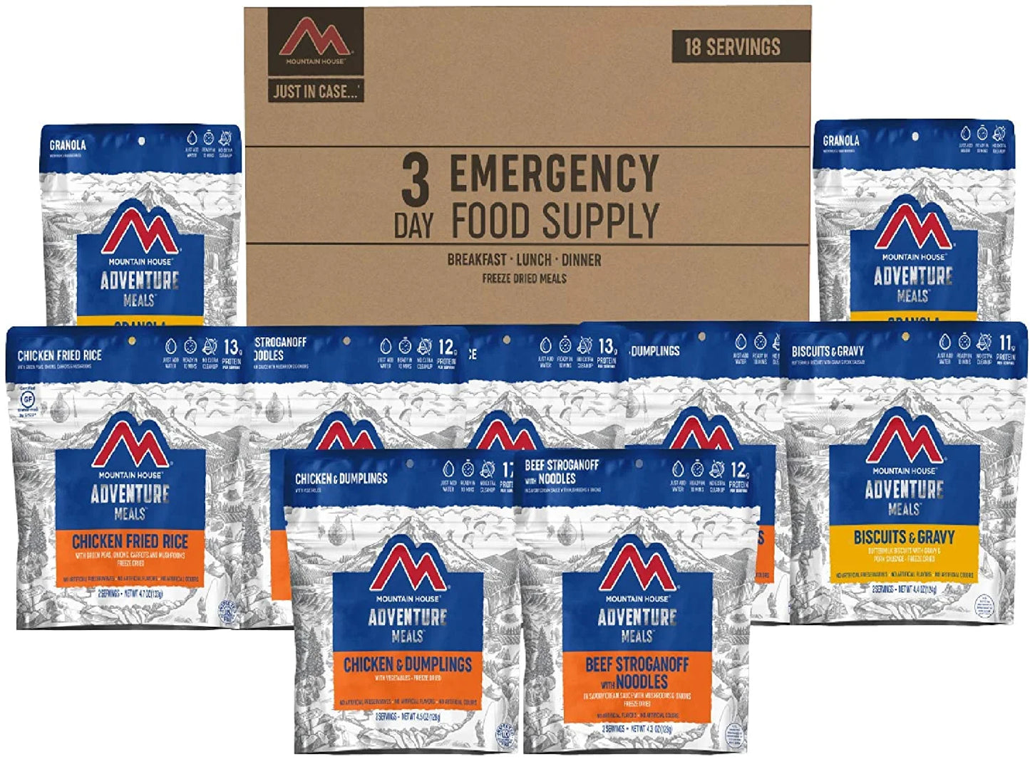 "Mountain House 3-Day Emergency Food Supply - 18 servings of premium freeze-dried meals for emergency prep and outdoor adventures."