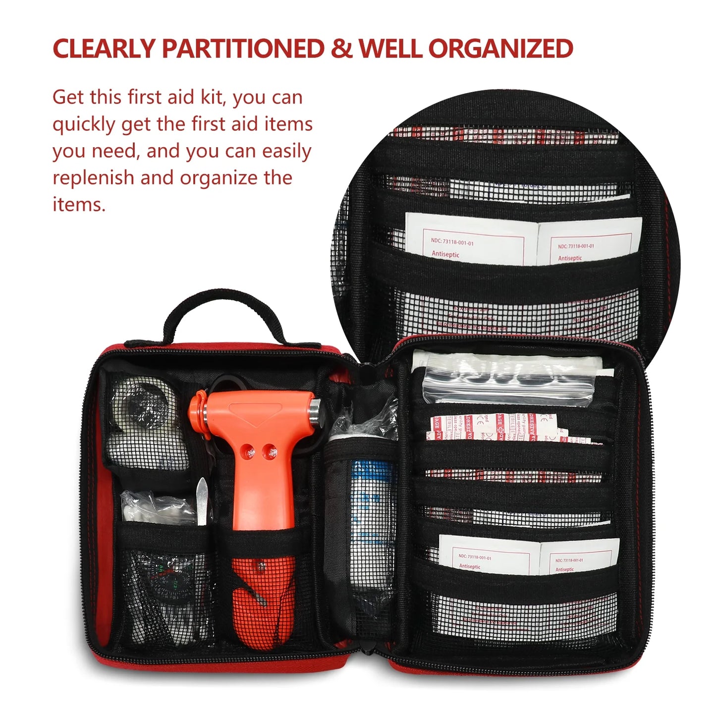 "Compact Premium First Aid Kit with travel-ready design, showcasing its organized and portable features for home, car, and outdoor use."