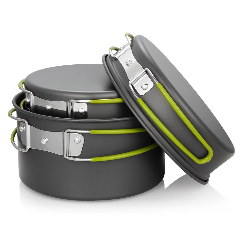 Emergency Cookware Set featuring a stackable, non-stick design, lightweight build, and compact size, perfect for camping, bug-out bags, and emergency preparedness.