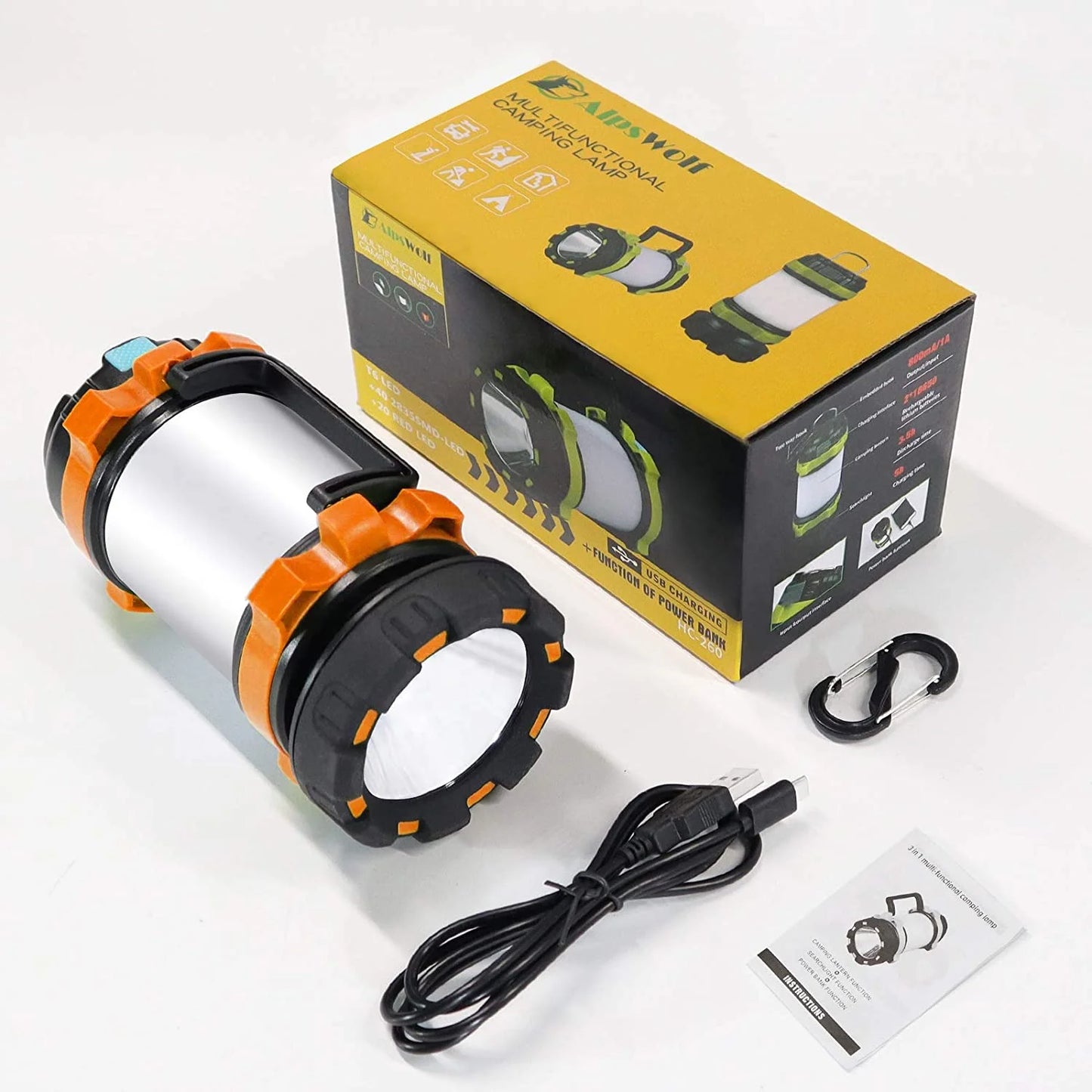 Image of a camping lantern with a 4000mAh power bank, featuring USB and solar charging, adjustable brightness, and a durable design, perfect for camping and emergency preparedness, displayed on a clean white background.