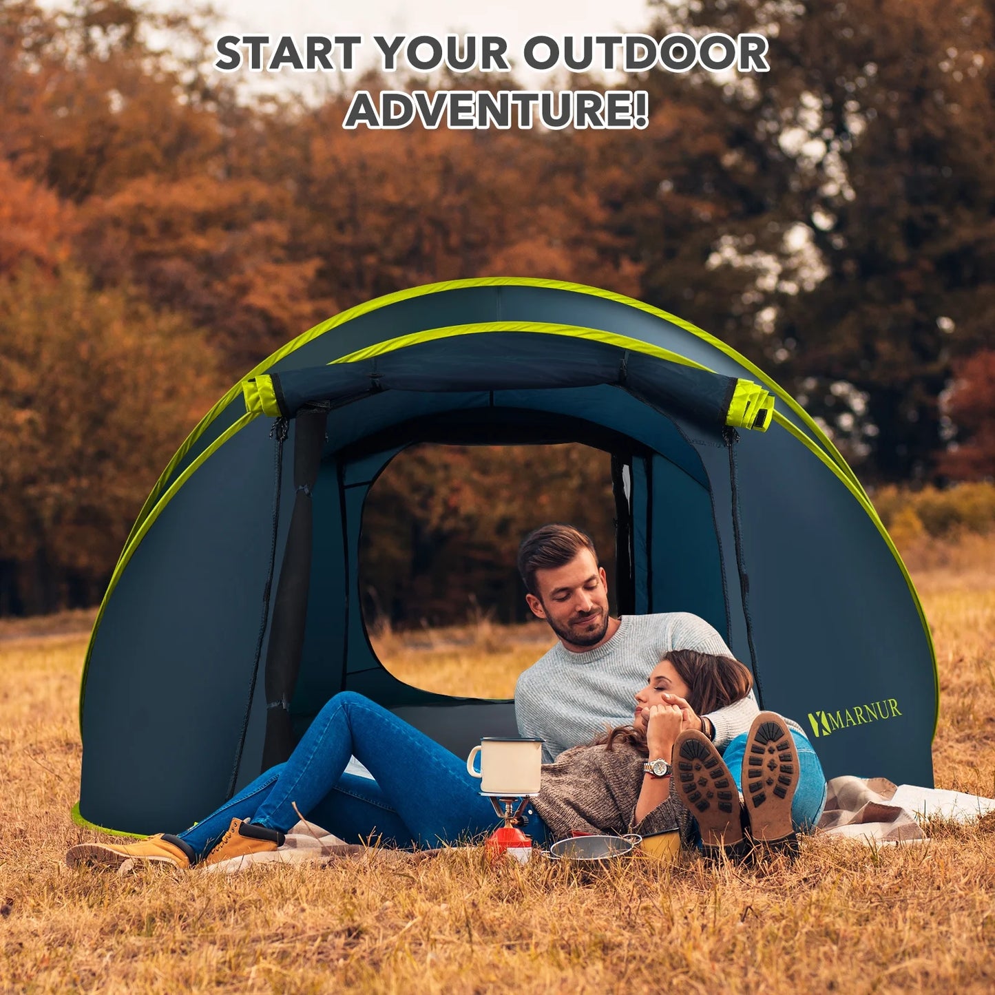 "4-Person Waterproof Pop-Up Instant Tent - spacious doors and windows, dark blue, perfect for camping."