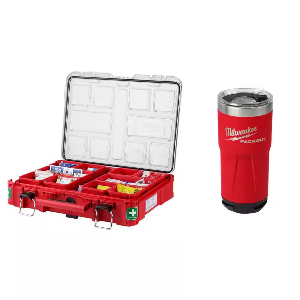 Image of a Milwaukee PACKOUT First Aid Kit featuring 193 essential pieces, a durable weather-sealed case, and a bonus 20oz red tumbler, displayed on a clean white background.