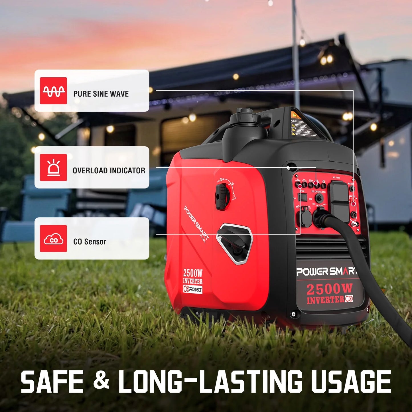 PowerSmart Portable Inverter Gas Generator with CO detection, low oil shutdown, and lightweight design for camping and emergencies.