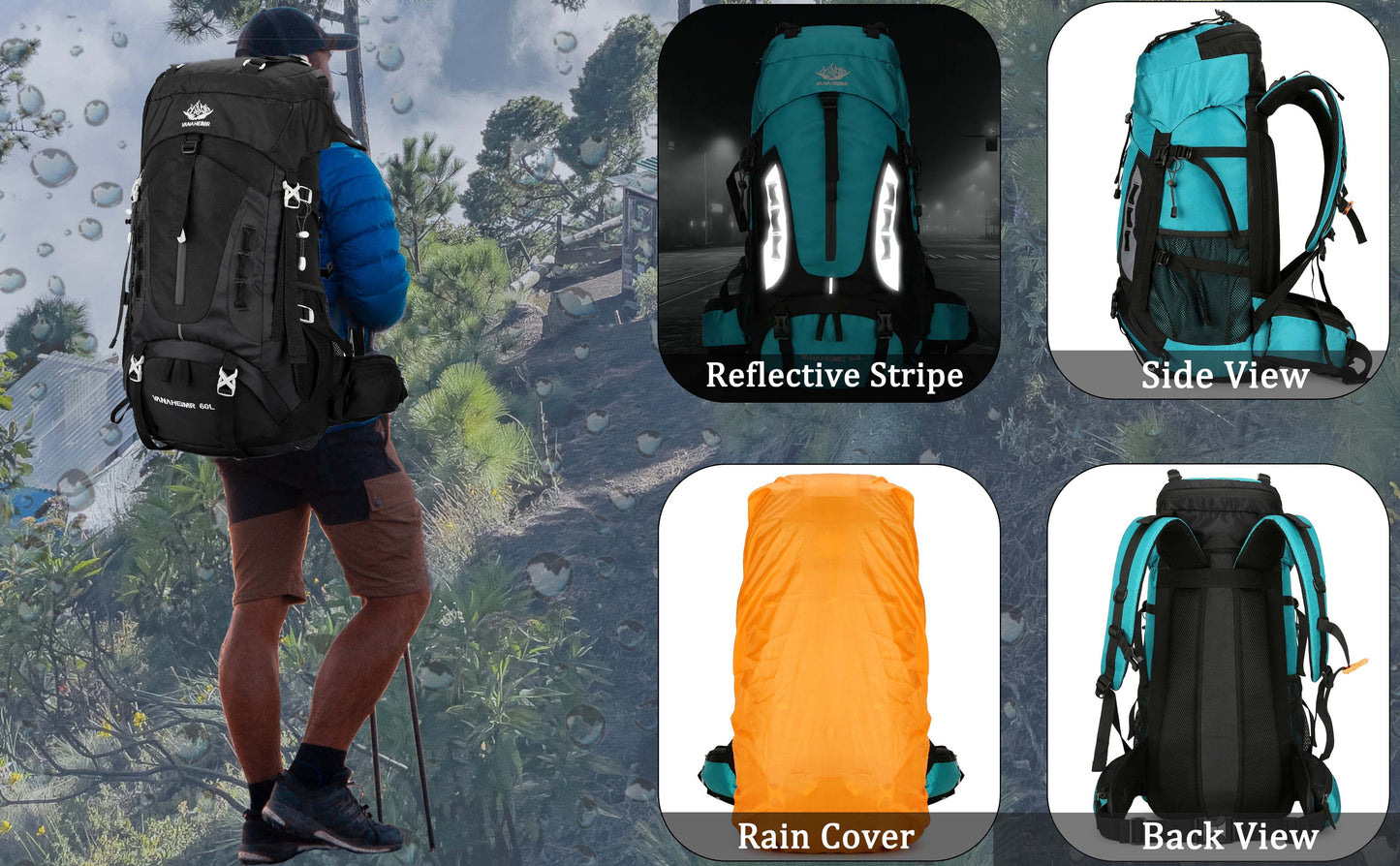 "TrekMate 60L Waterproof Travel Backpack with rain cover - perfect for hiking, camping, and outdoor adventures."