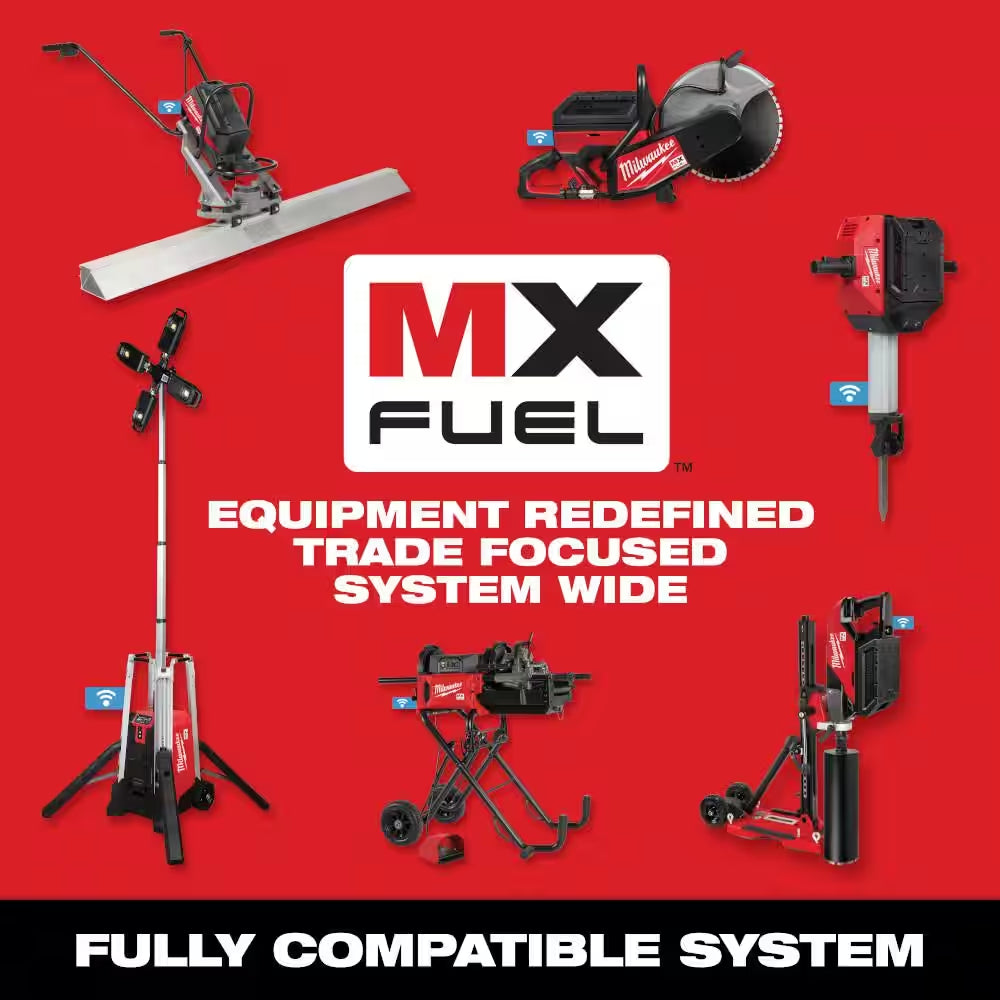Image of the MX FUEL 3600W/1800W Portable Battery Generator with 2 XC batteries and a charger, showcasing a compact design with an integrated carry handle, displayed on a clean white background.