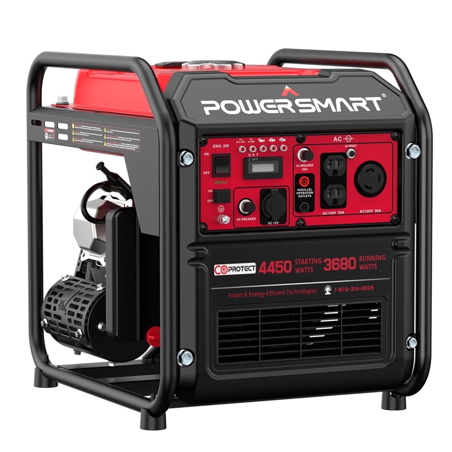 Image of a 4450-watt gas-powered inverter generator, featuring a compact design and EPA compliance, perfect for outdoor adventures and home backup, displayed on a clean white background.
