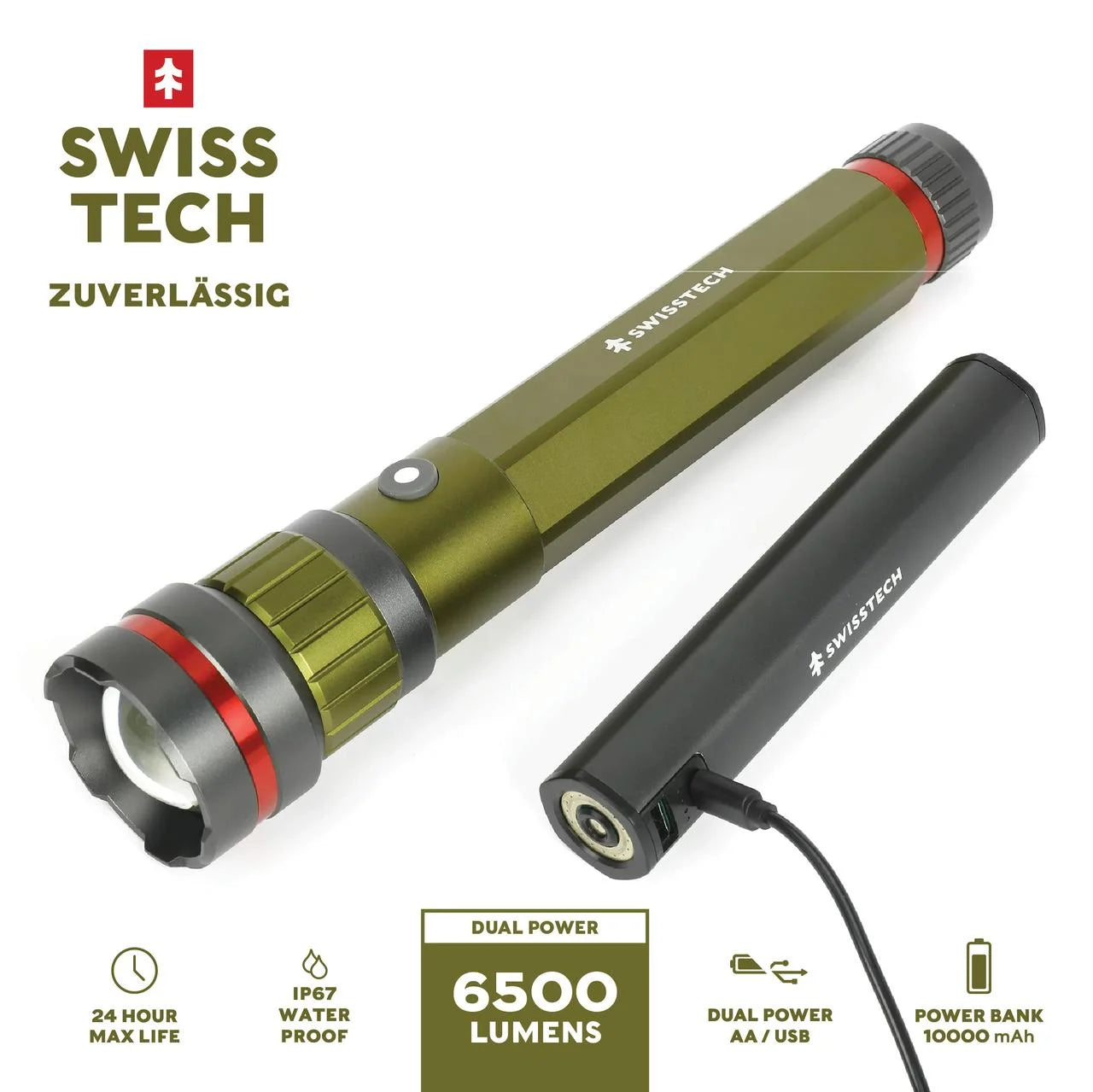 "6500 Lumen Rechargeable LED Flashlight - dual power AA/USB, built-in charging bank, and IP67 waterproof design."
