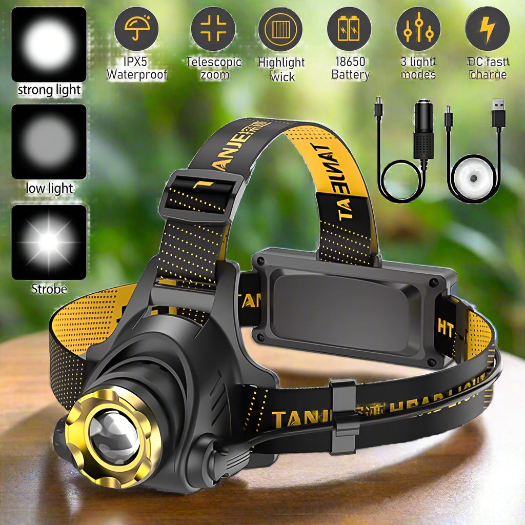 "90000 Lumen Motion-Sensing Headlamp - ultra-bright emergency and observation light with rechargeable design."