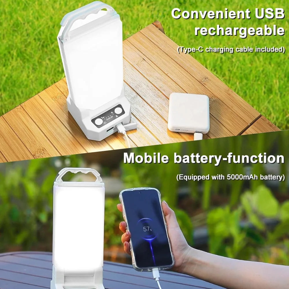 Image of a 4500mAh rechargeable emergency lantern featuring dual charging options (solar and USB Type-C), adjustable brightness, and a weather-resistant design, displayed on a clean white background.