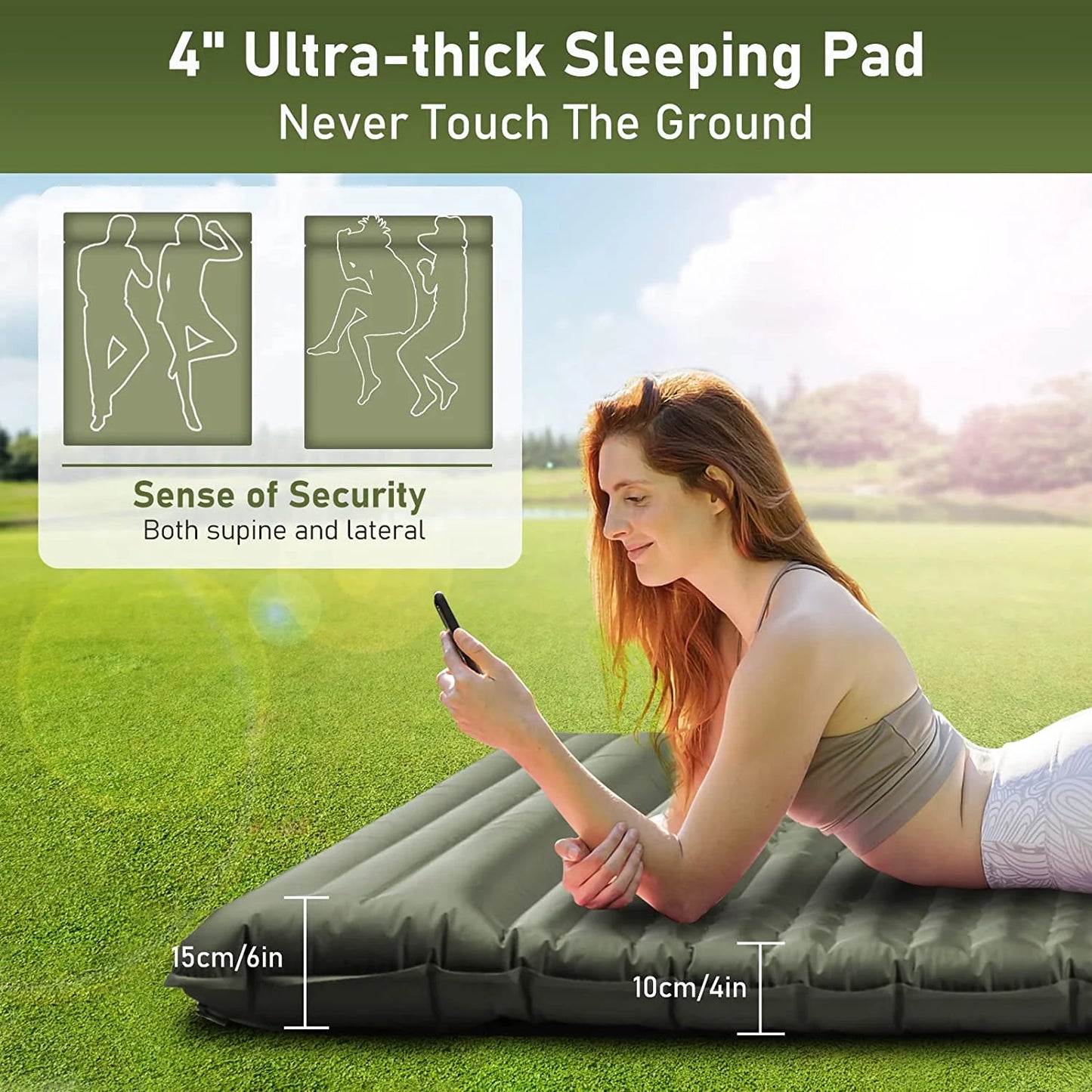 Image of a double camping pad with a 79"x55" size, featuring a built-in foot pump, waterproof 40D nylon material, and ripple air cell design, ideal for camping and emergency preparedness, displayed on a clean white background.