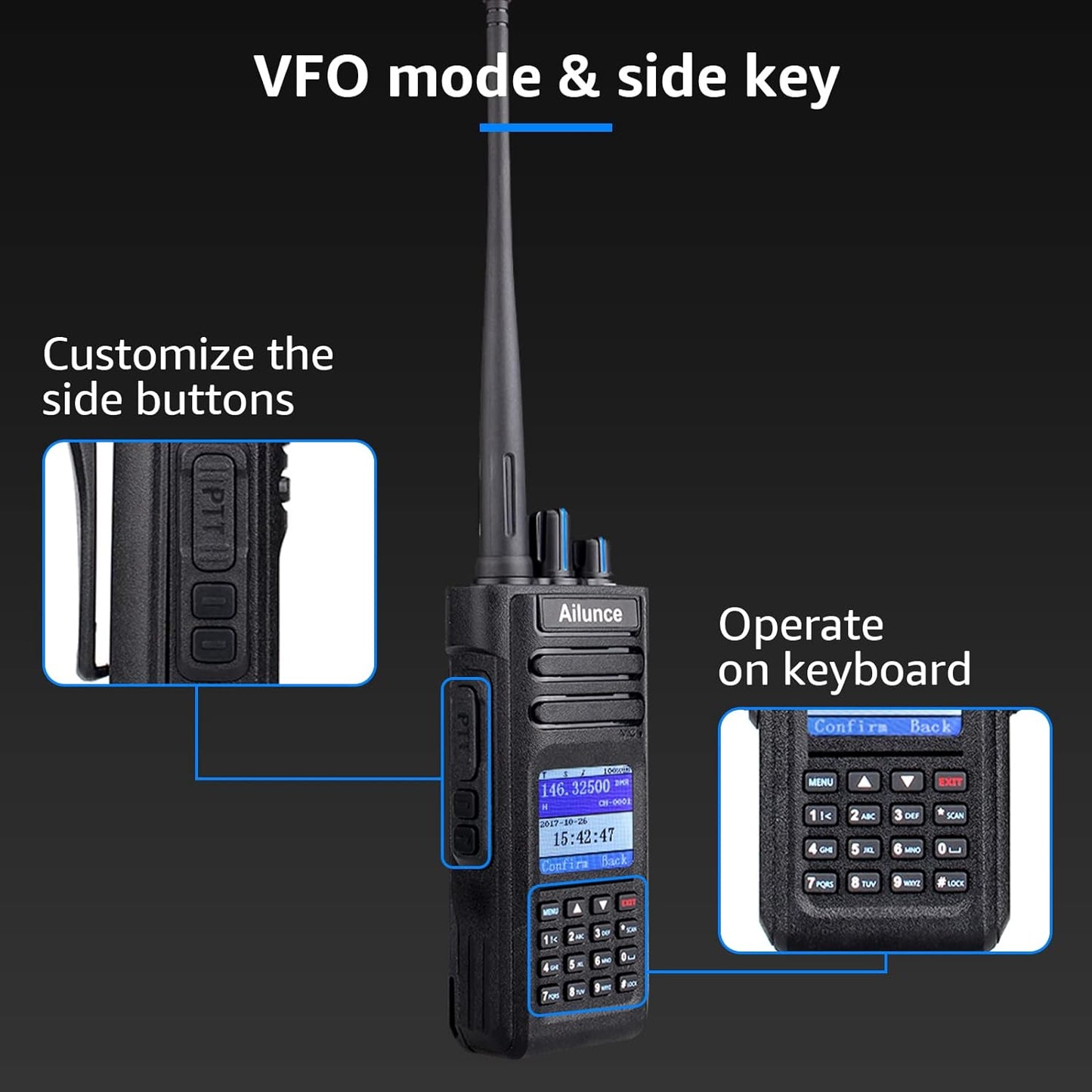 Image of the HD1 Dual Band Two-Way Radio featuring a durable design, long-range capability, and emergency alarm, ideal for outdoor adventures and emergency preparedness, displayed on a clean white background.