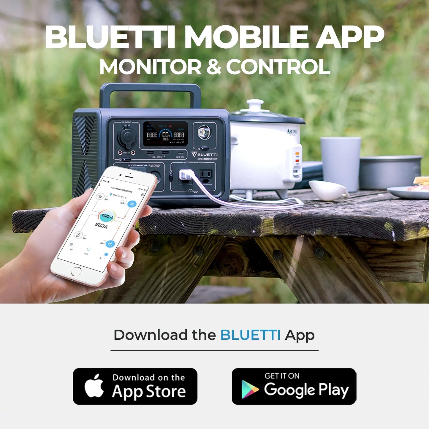 BLUETTI EB3A Portable Solar Generator with 600W AC output, 268Wh capacity, and fast recharging for camping and emergencies.