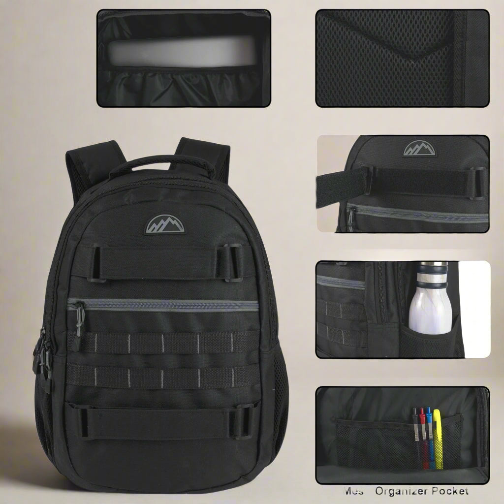 Heavy Duty 19 Inch Dual Compartment Laptop Backpack in black, featuring spacious compartments, skateboard straps, and a durable design. Perfect for carrying laptops, books, and gear for work, school, travel, or outdoor adventures.