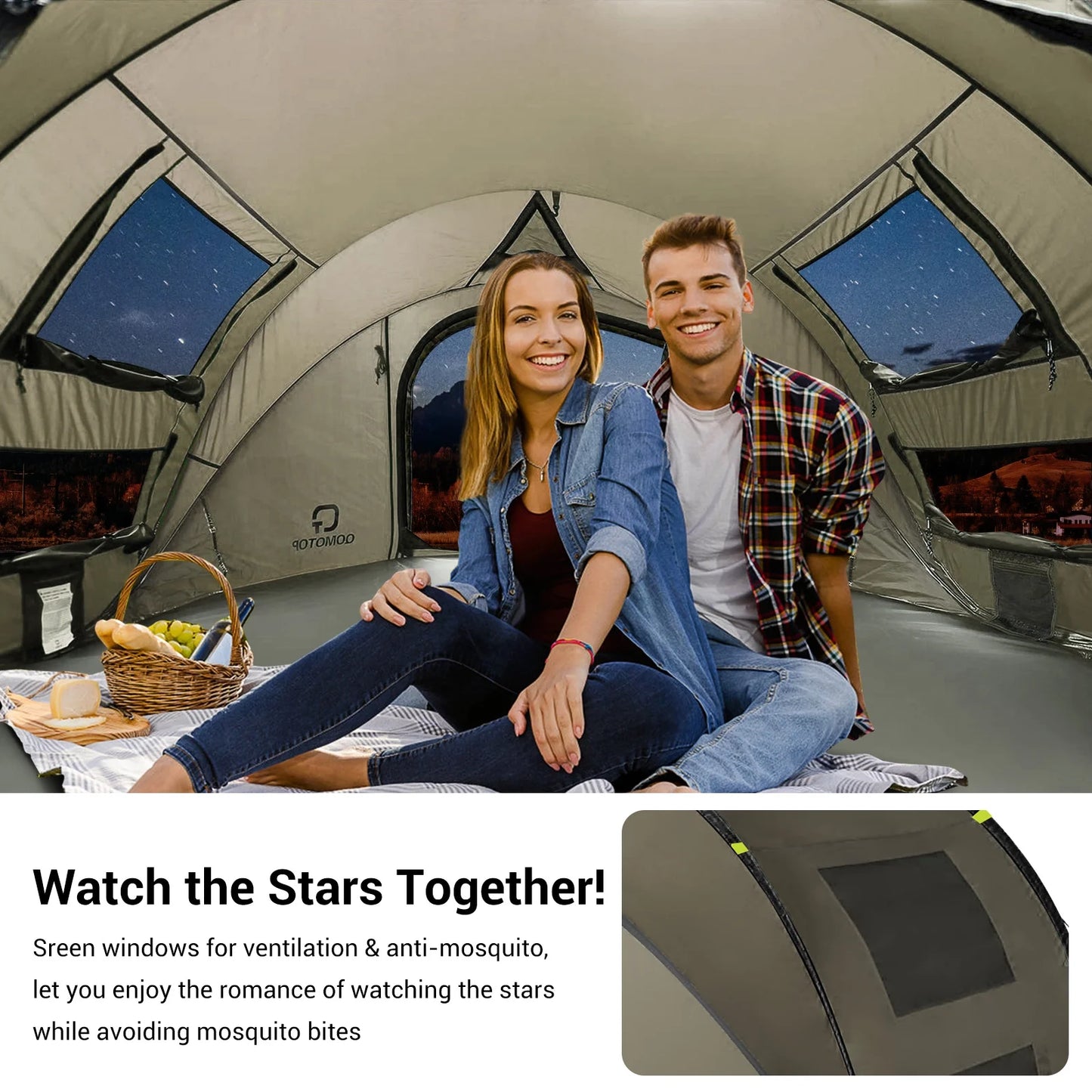 "4-Person Pop-Up Camp Tent - waterproof with large side screen windows and easy automatic setup in green."