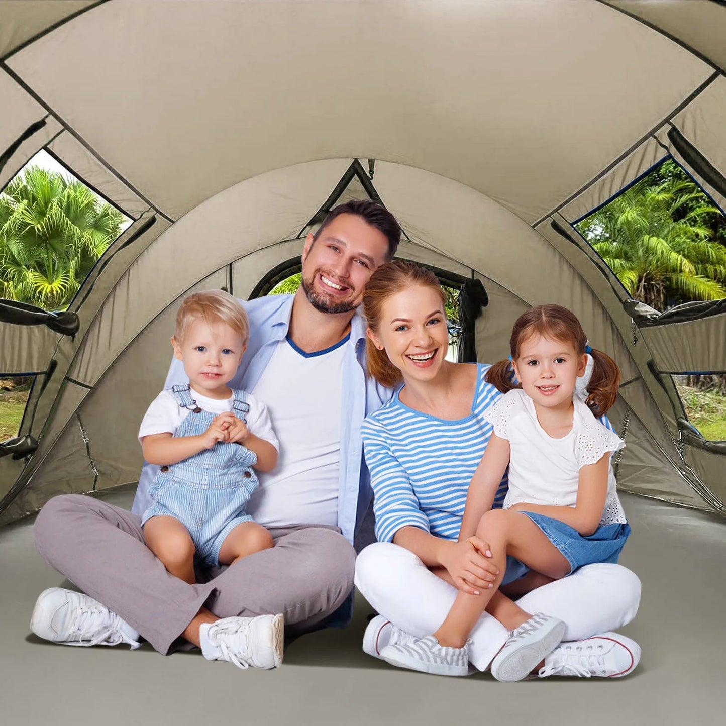 "4-Person Pop-Up Camp Tent - waterproof with large side screen windows and easy automatic setup in green."