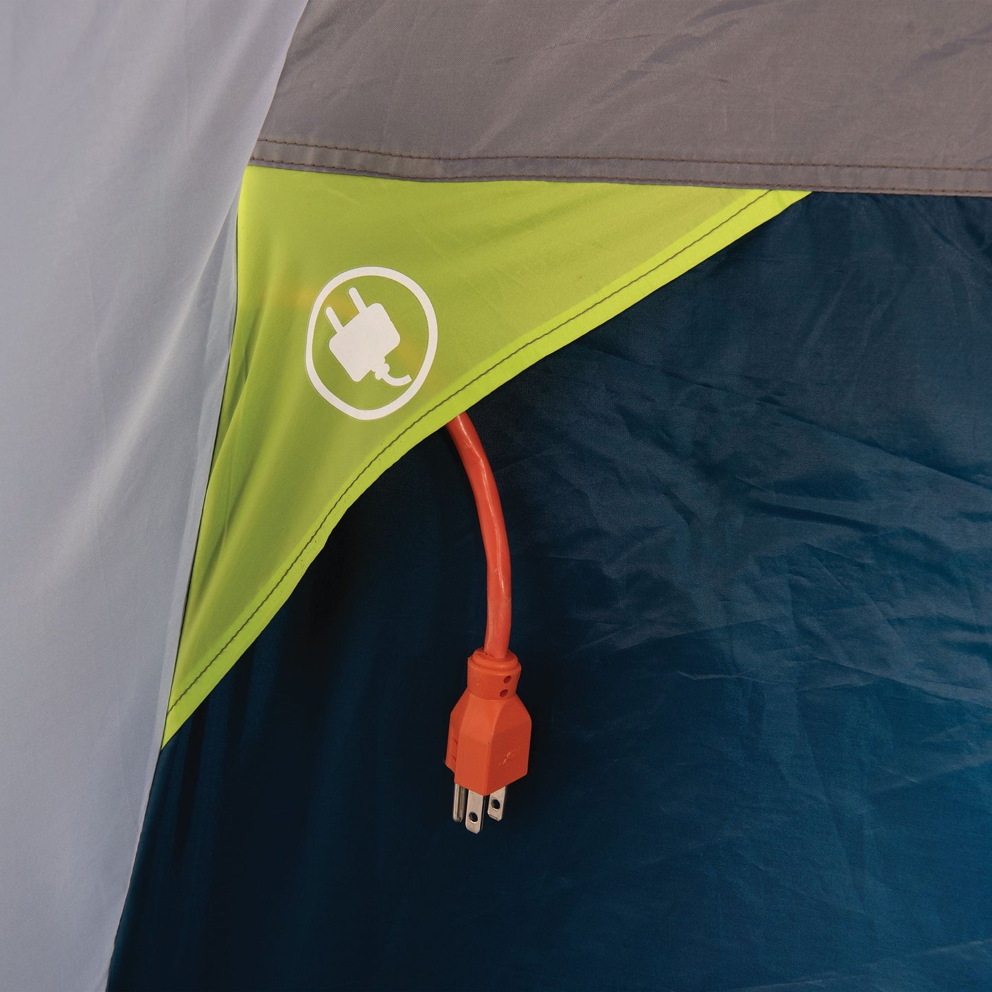 "10-Person Modified Dome Tent with Screen Porch set up in a forest campsite, showcasing its spacious design and inviting screen porch."