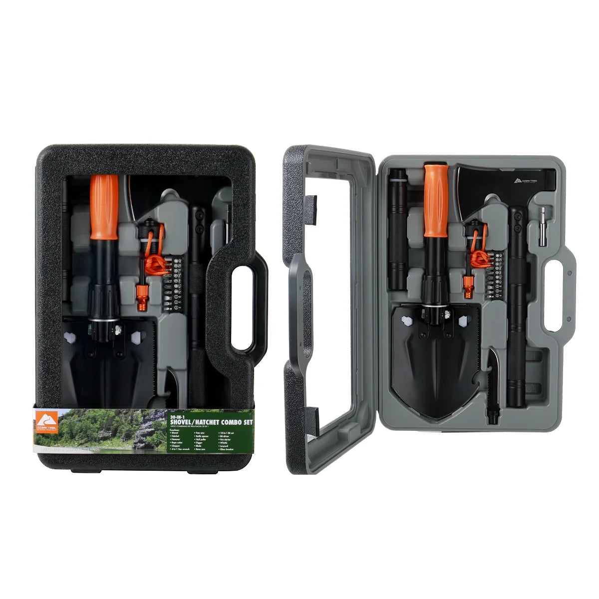 Image of a Survival Kit with a 15.35" high-carbon steel folding shovel, featuring a compact design, multi-tool functionality, and a durable hard case, ideal for emergency preparedness and outdoor use, displayed on a clean white background.
