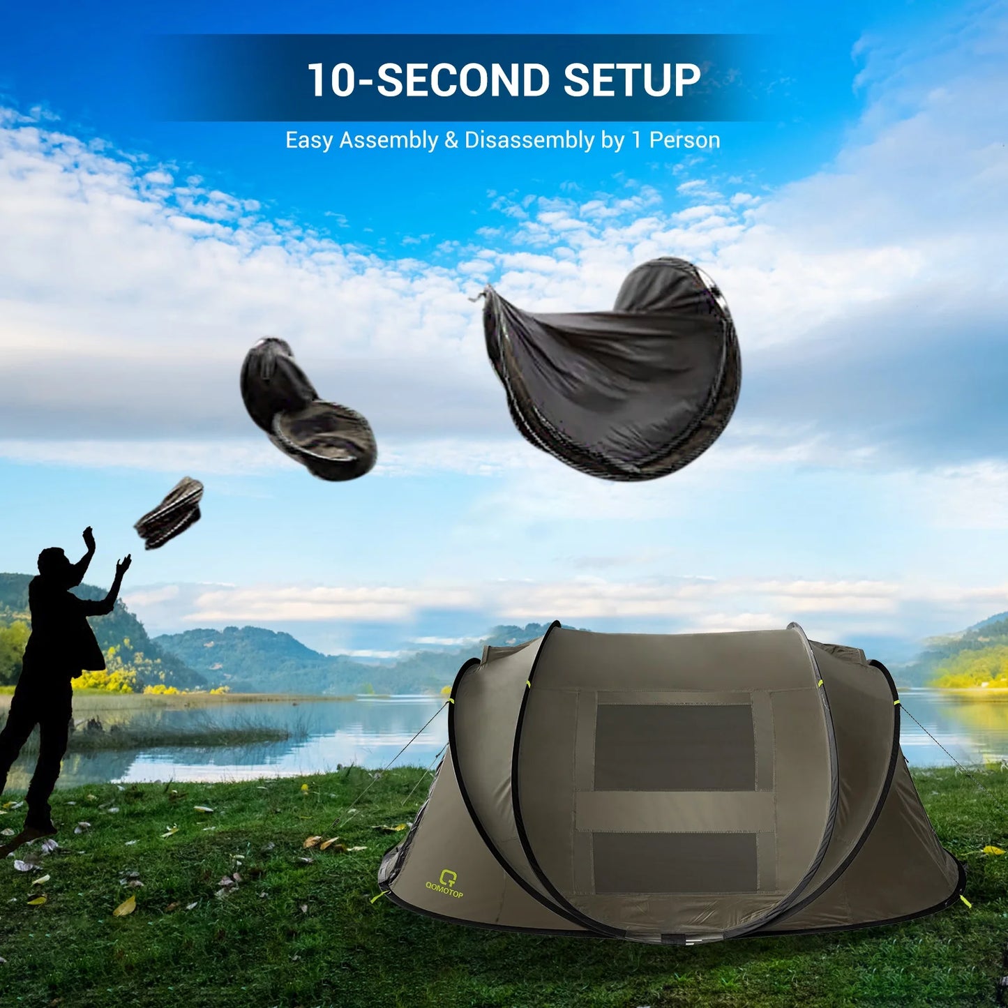 "4-Person Pop-Up Camp Tent - waterproof with large side screen windows and easy automatic setup in green."
