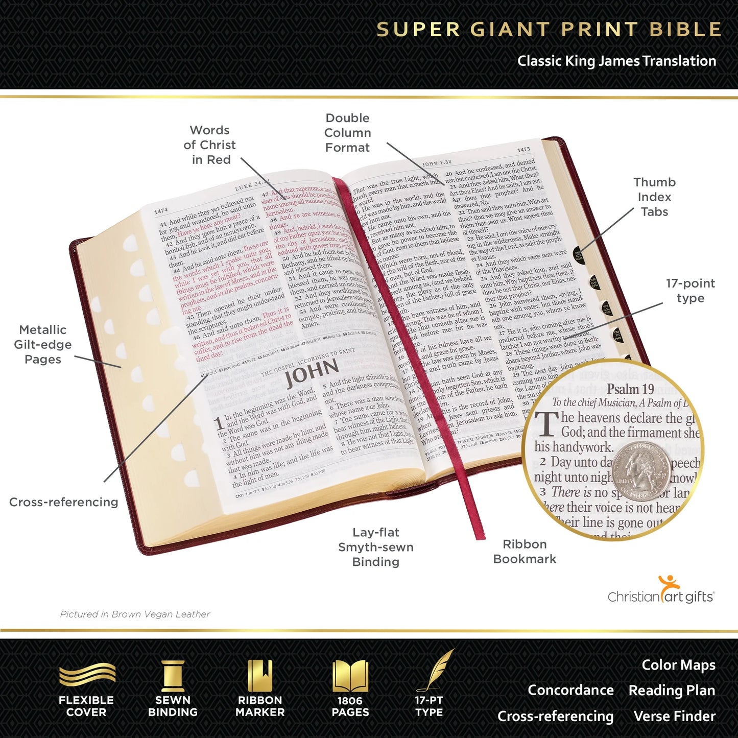 Super Giant Print KJV Holy Bible - Red Letter Edition with Thumb Index & Ribbon Marker, Faux Leather, Gray/Black