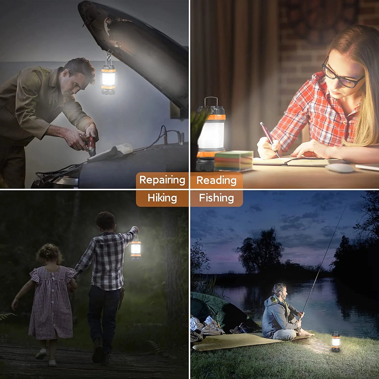 Image of a camping lantern with a 4000mAh power bank, featuring USB and solar charging, adjustable brightness, and a durable design, perfect for camping and emergency preparedness, displayed on a clean white background.