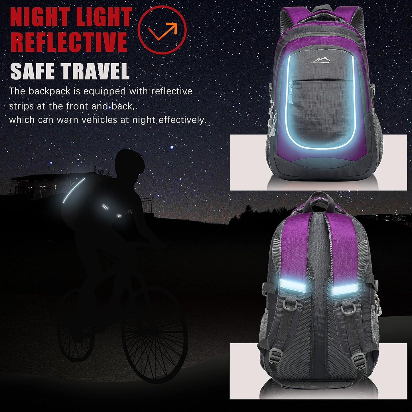 Proetrade Purple A Backpack - Stylish & Durable Bookbag for College, Travel & Hiking, Fits 15.6" Laptop, Multi-Compartment Design with Night Light & Reflective Details, Perfect Gift for Men & Women!