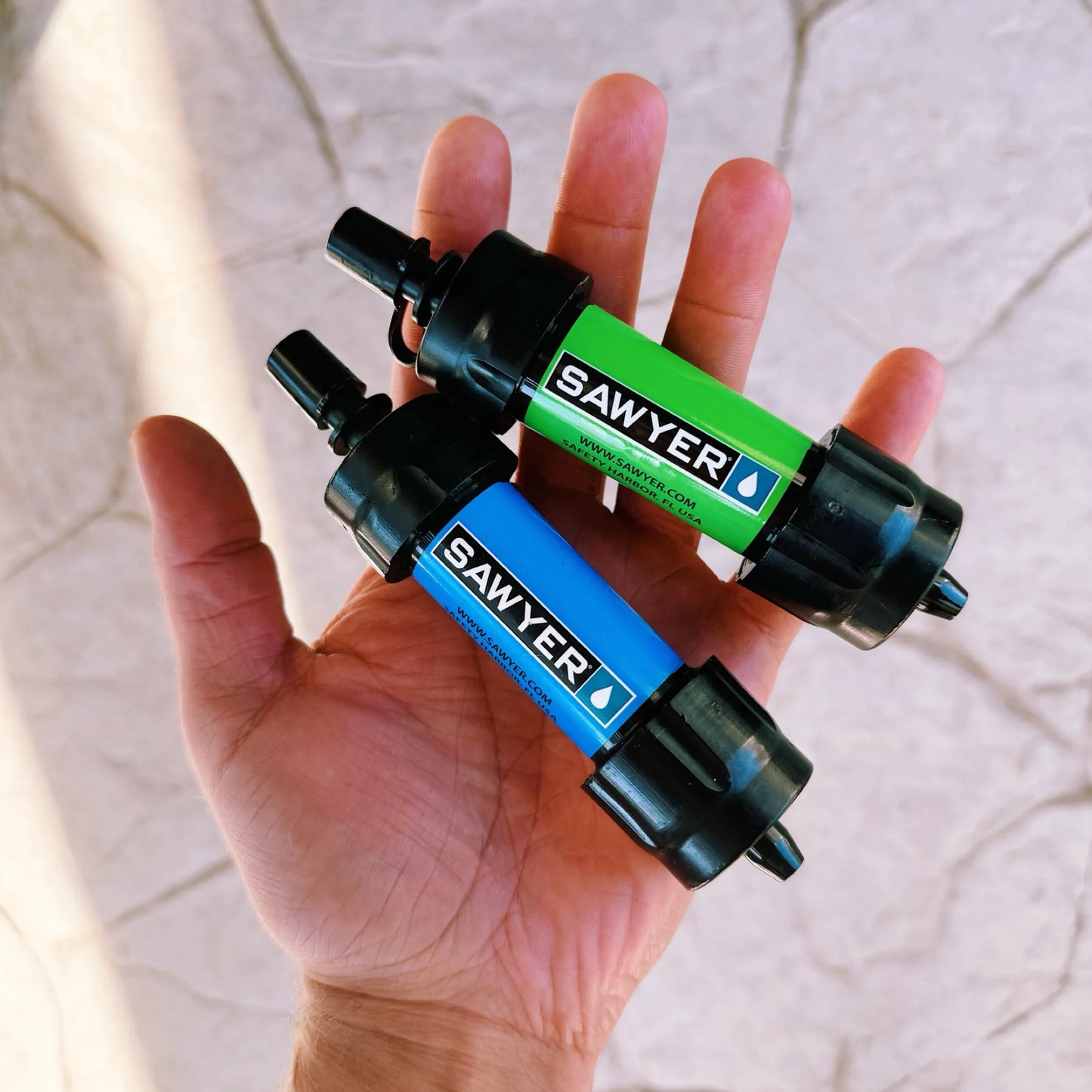 "Sawyer MINI Water Filter 2-Pack - ultralight 0.1 micron survival water purifier for camping and emergencies."