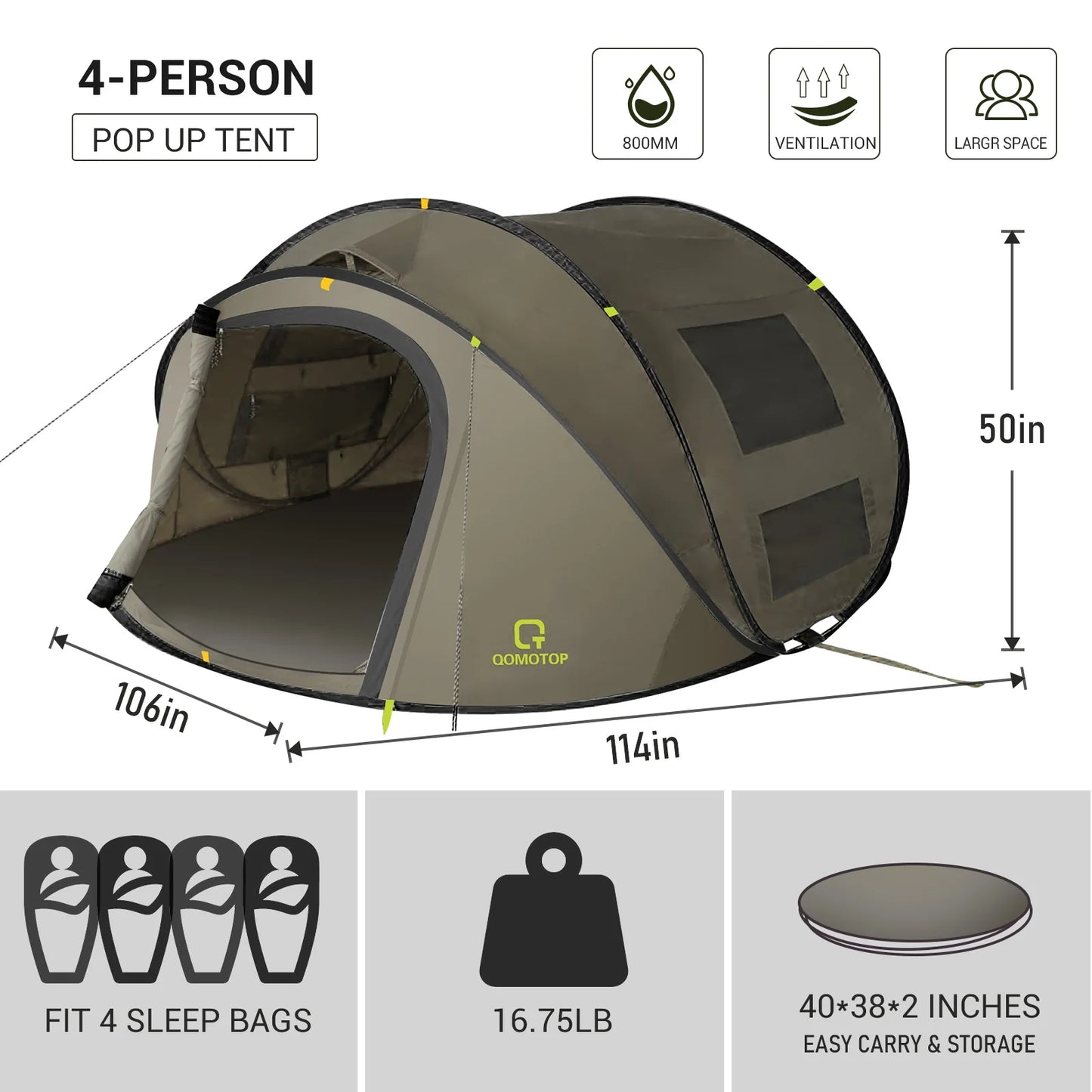 "4-Person Pop-Up Camp Tent - waterproof with large side screen windows and easy automatic setup in green."