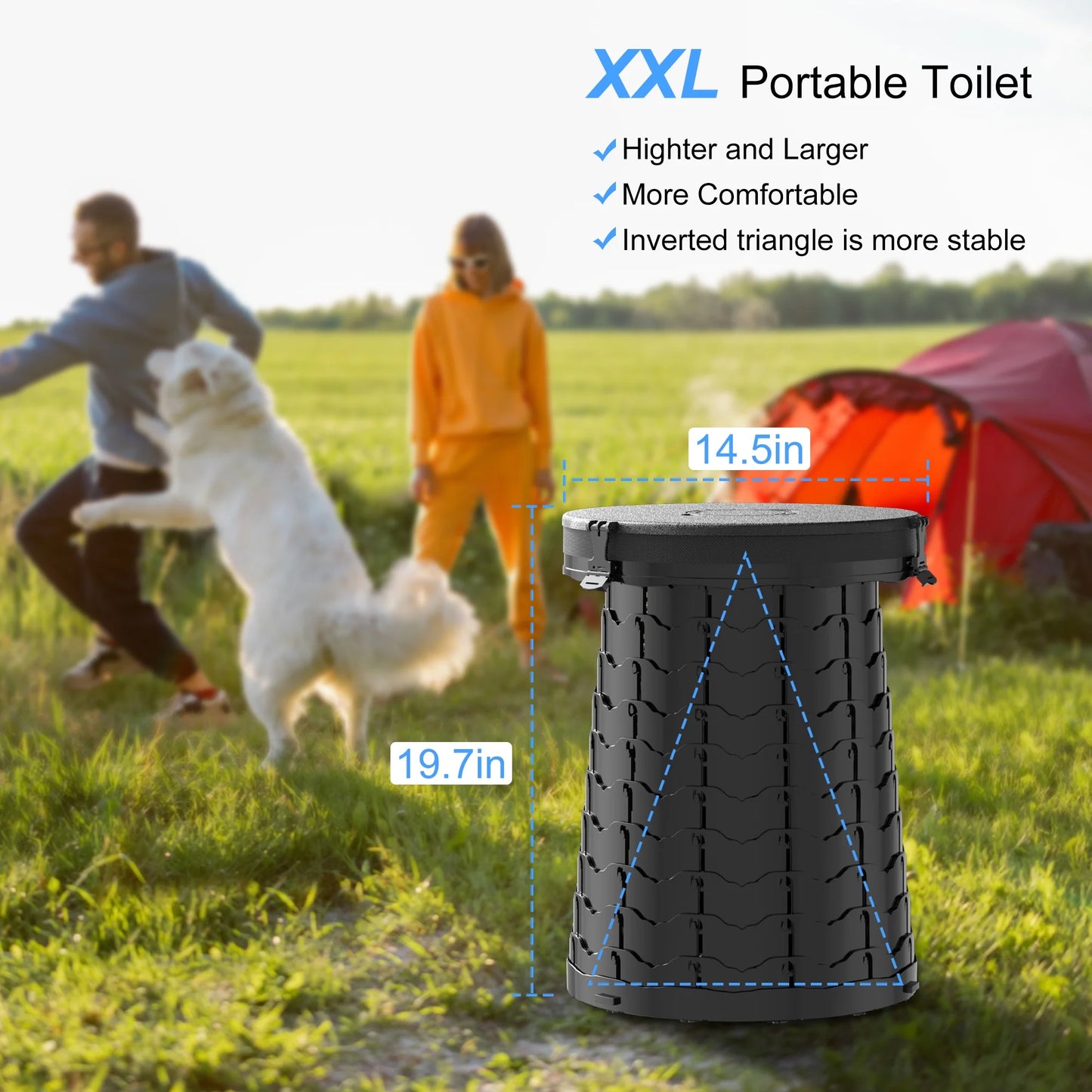 Image of a portable toilet with a 380lb capacity, featuring adjustable height, foldable design, and durable build, ideal for camping and emergency preparedness, displayed on a clean white background.