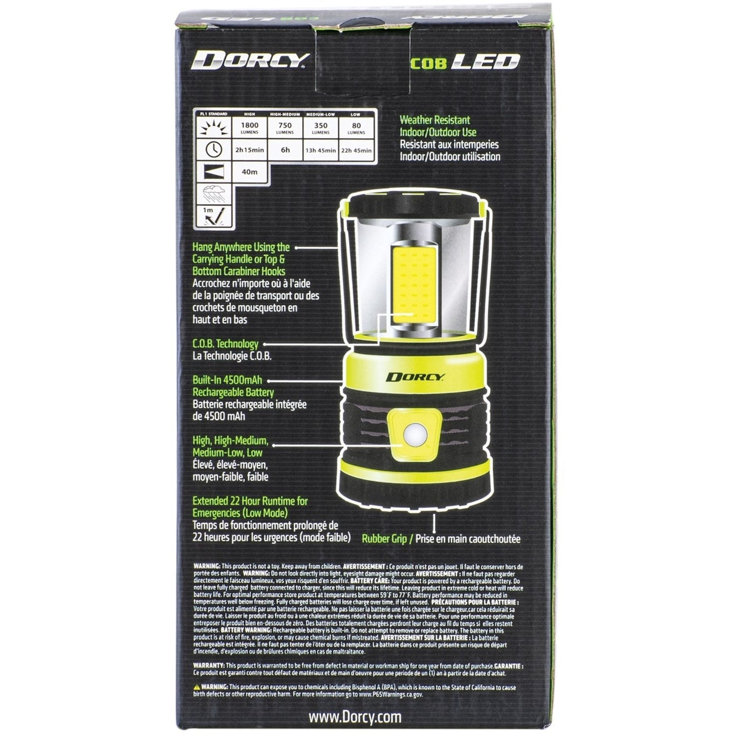 Image of the Dorcy 1800 Lumens Portable Camping Lantern featuring high brightness, multiple light modes, and a USB charging port, ideal for outdoor adventures and emergency preparedness, displayed on a clean white background.