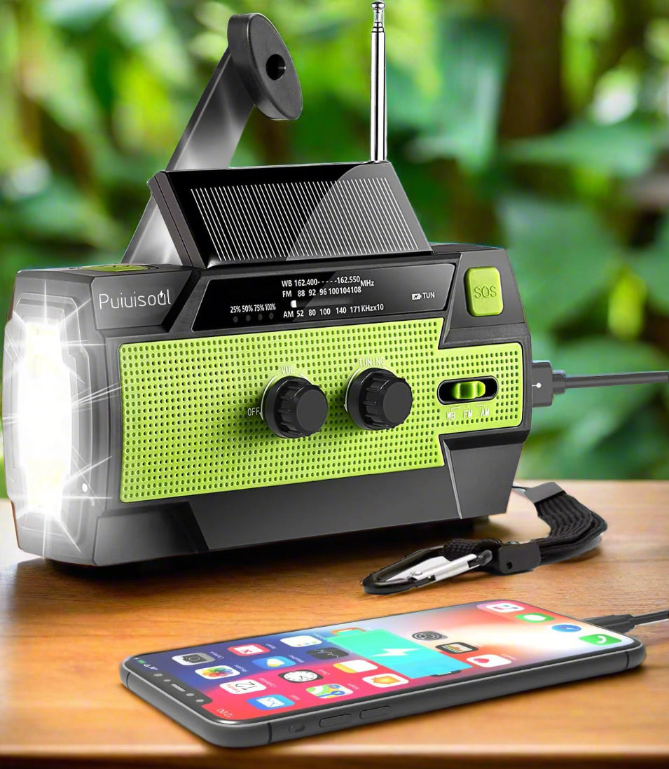 Image of the Puiuisoul 4000mAh weather radio, featuring a hand crank, solar charging panel, LED flashlight, and motion sensor reading lamp, displayed on a clean white background.