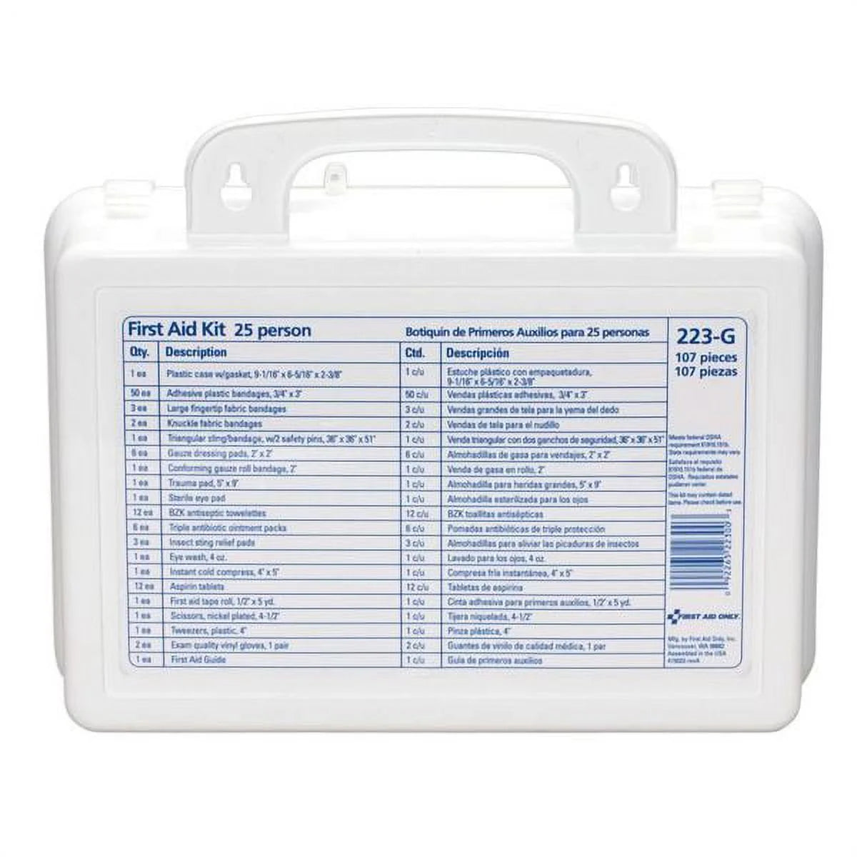 "Compact OSHA-Compliant First Aid Kit with handle, showcasing its weatherproof design and organized medical supplies."