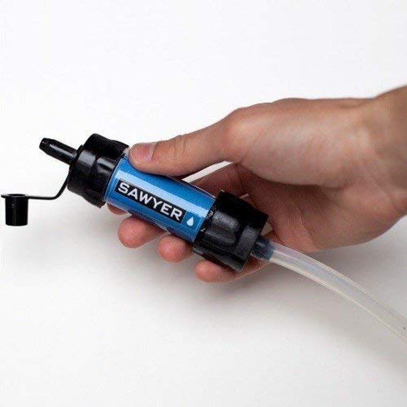 "Sawyer SP128 MINI Water Filter - ultralight 0.1 micron survival water purifier in blue with complete emergency kit."