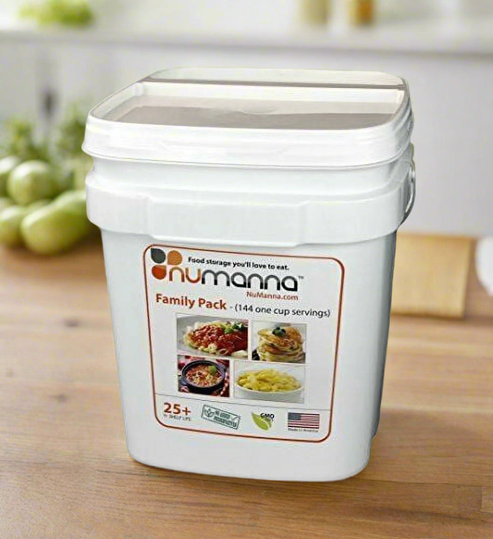 "NuManna Family Pack - 144 meal emergency food storage kit with 25+ year shelf life and GMO-free survival food."