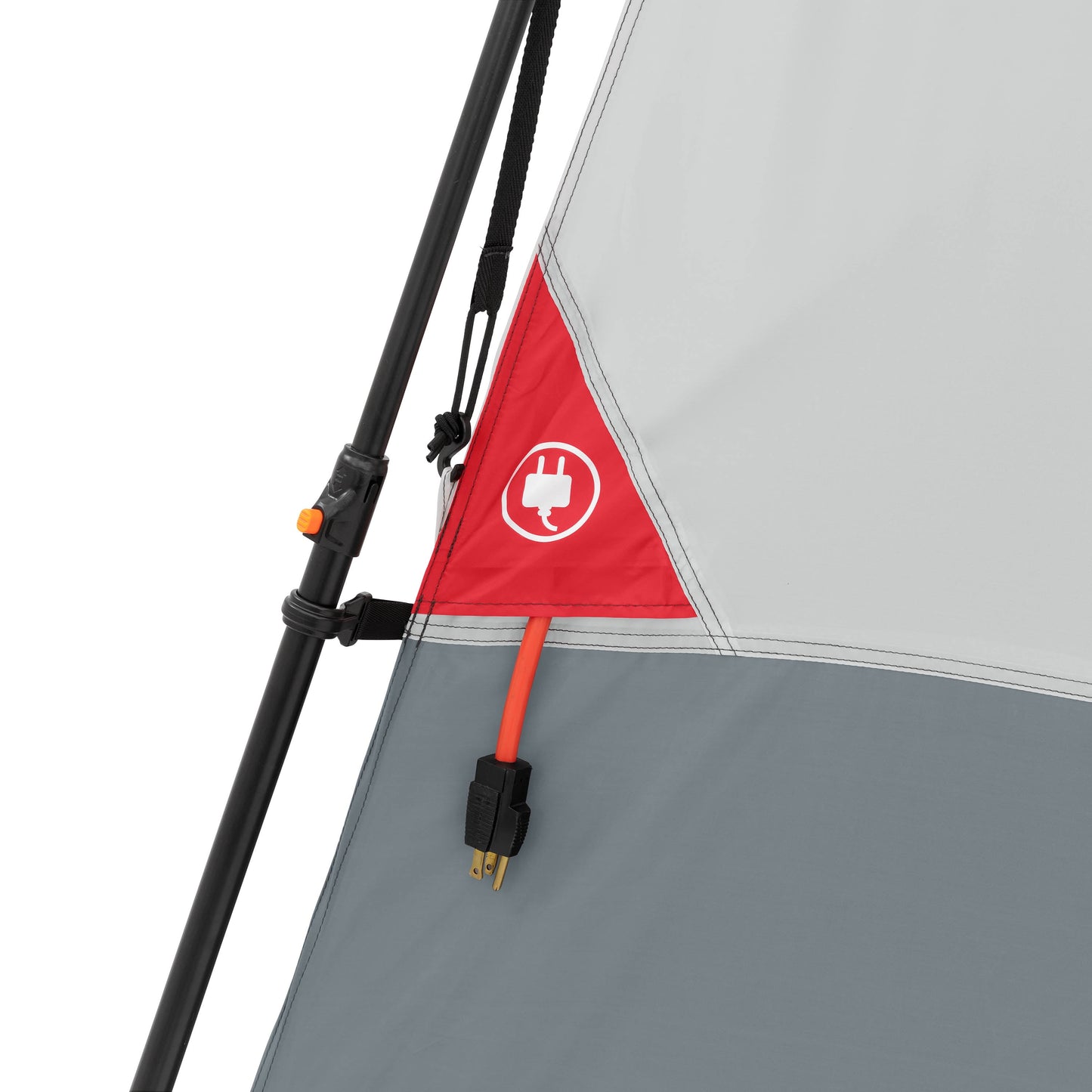 "8-Person Instant Cabin Tent set up in a campsite, showcasing its spacious interior, LED lighted poles, and durable design."