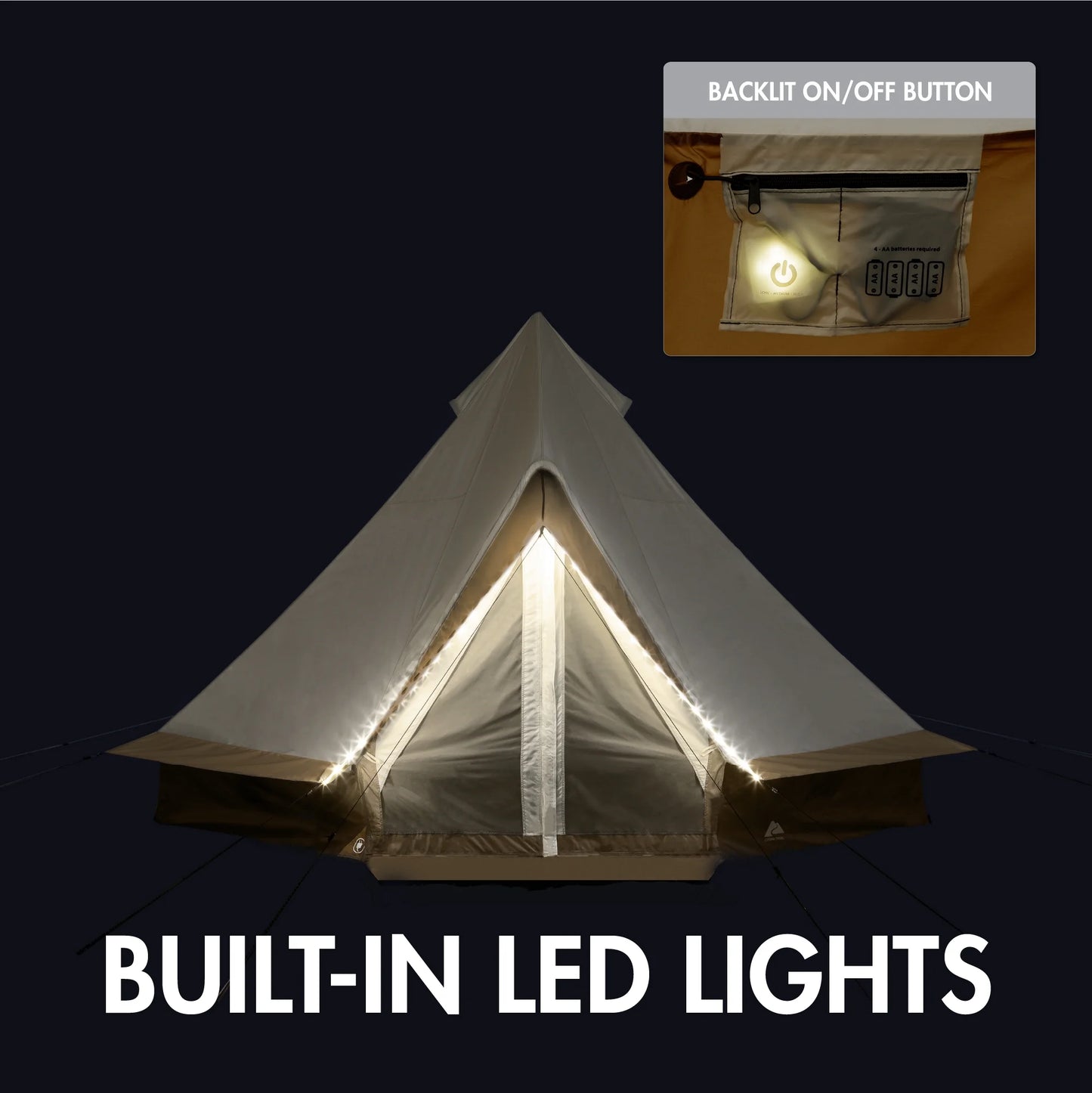 "8-Person Instant Cabin Tent set up in a campsite, showcasing its spacious interior, LED lighted poles, and durable design."
