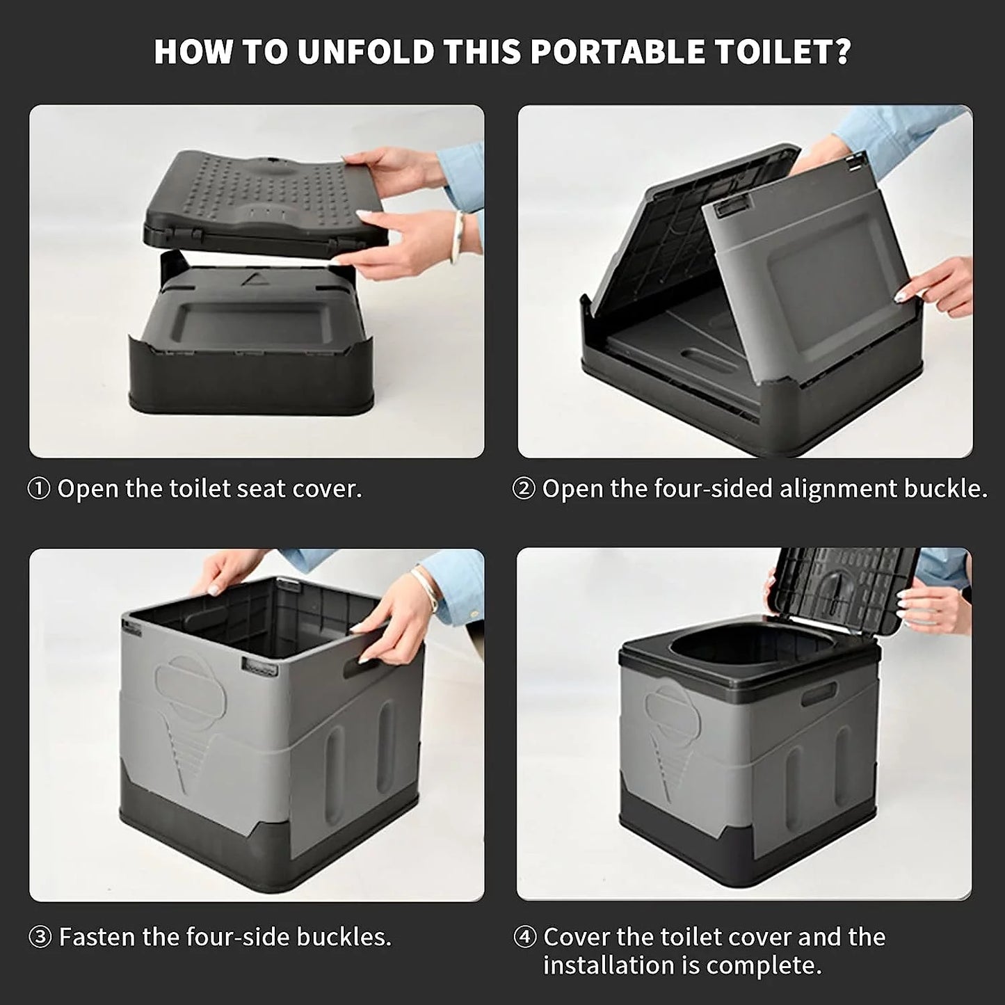 Image of a waterproof folding camping potty with a 400lb capacity, featuring a compact design, durable ABS plastic, and easy setup, ideal for emergency preparedness and outdoor use, displayed on a clean white background.