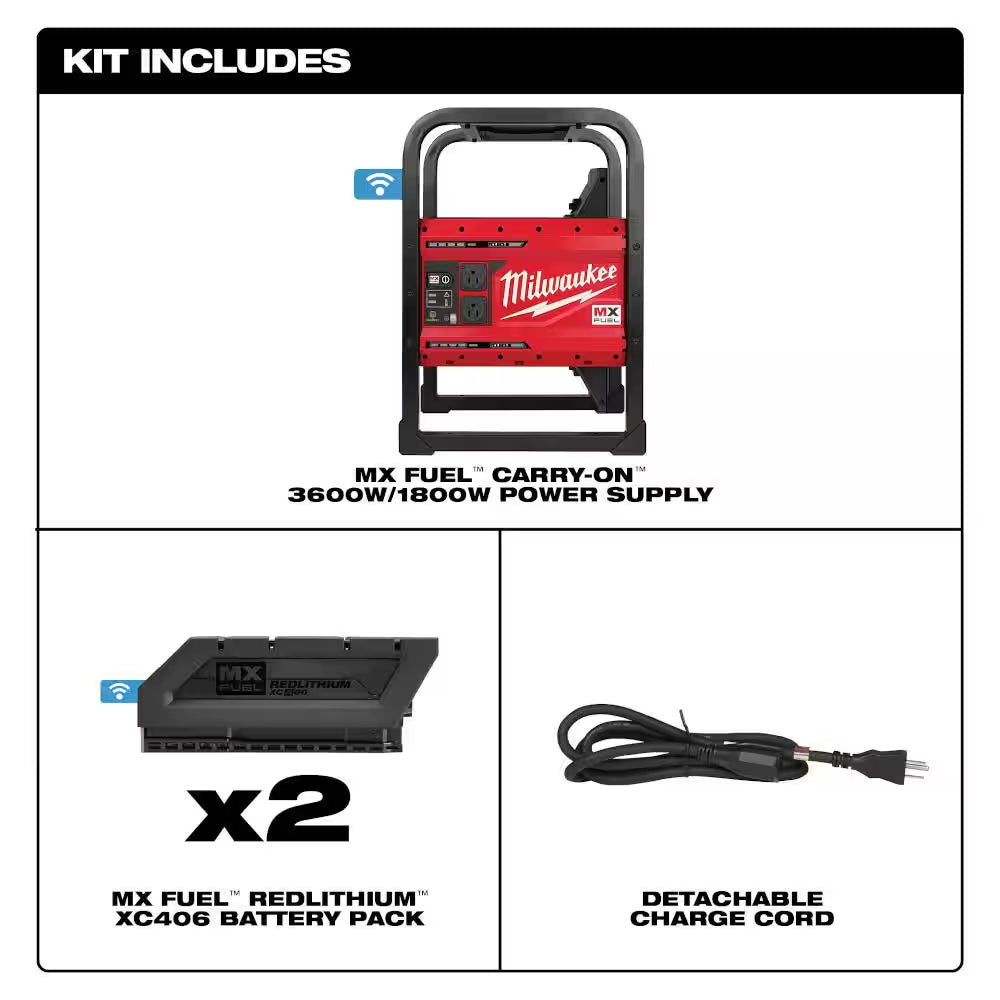 Image of the MX FUEL 3600W/1800W Portable Battery Generator with 3 XC batteries, showcasing a durable, compact design and push-start convenience, displayed on a clean white background.