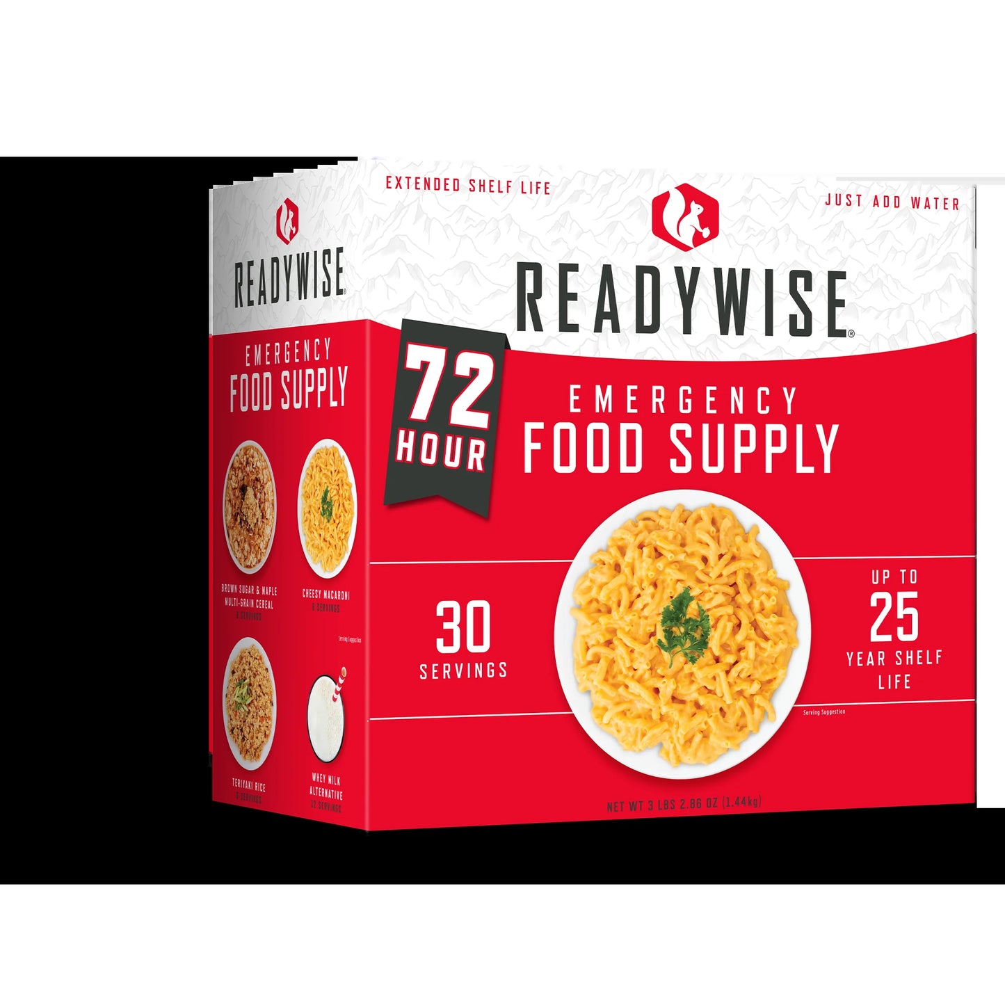 "ReadyWise 72-Hour Emergency Food Supply - 30 servings, 5,460 calories, freeze-dried survival meals with 25-year shelf life."