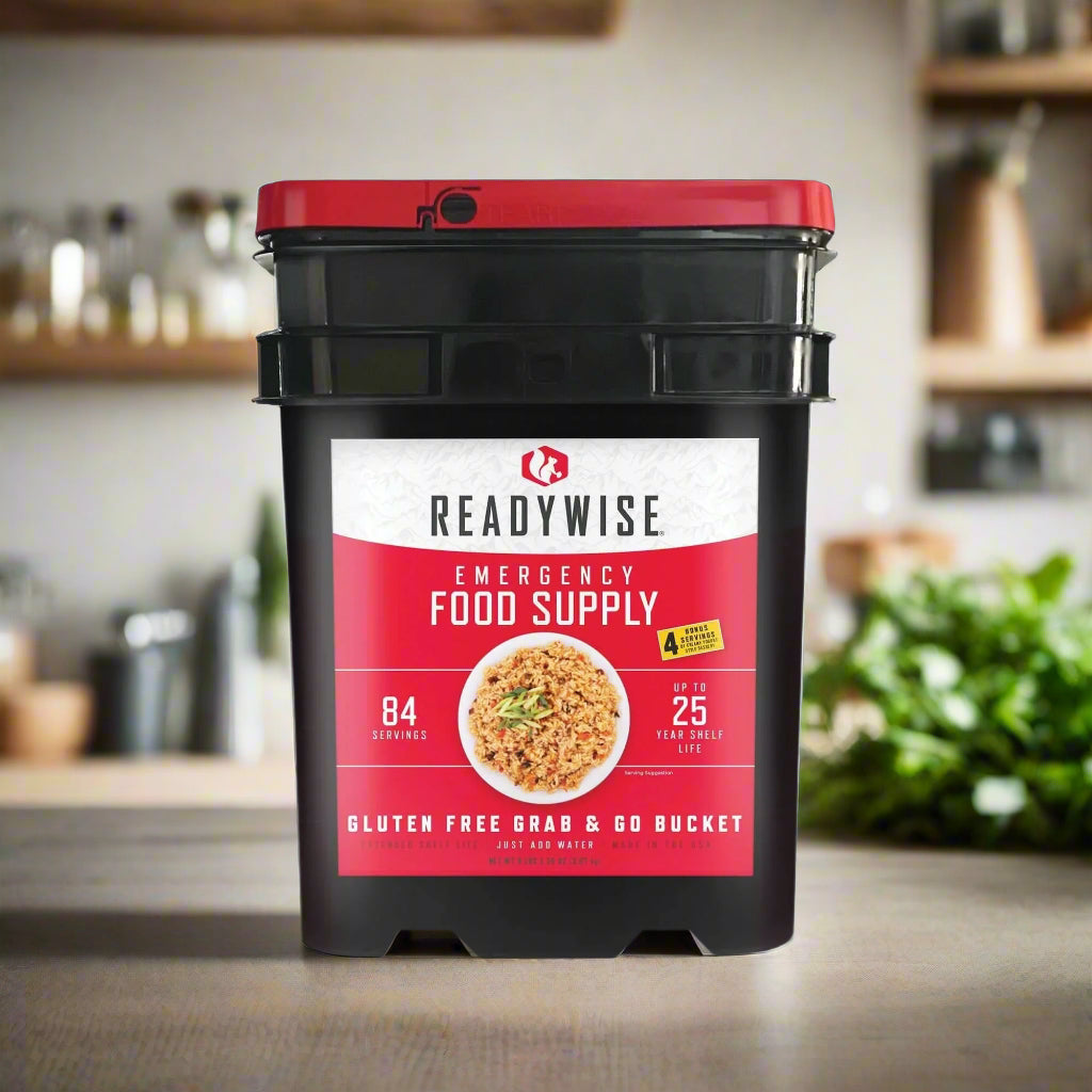 "ReadyWise 84-Serving Gluten-Free Emergency Food Bucket - 8-day survival food supply with 25-year shelf life and 14,880 calories."