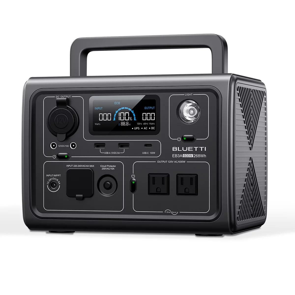 BLUETTI EB3A 600W portable solar generator with 268Wh capacity for camping, home, and emergency power needs.