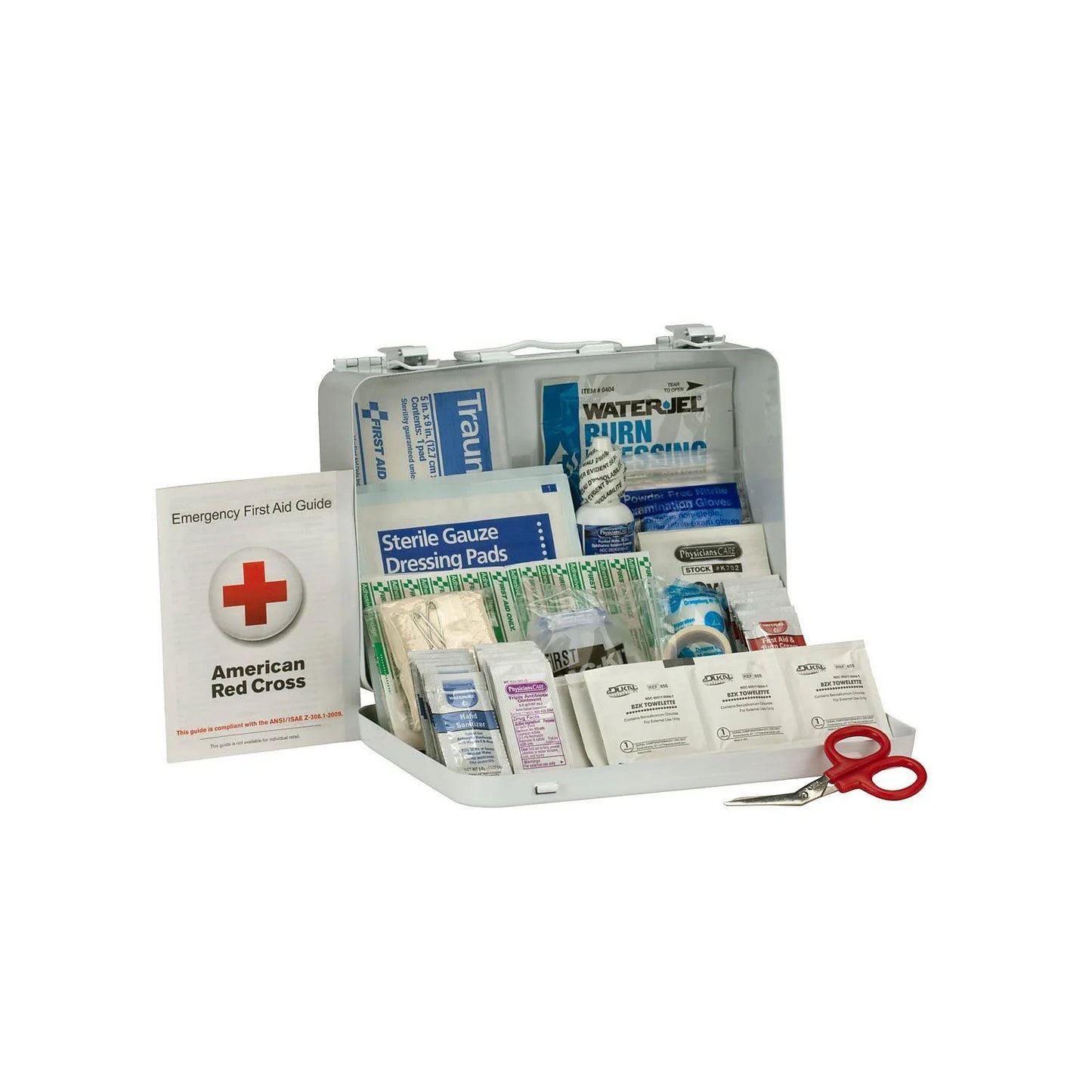 "Class A 25-Person First Aid Kit in a durable metal case, wall-mounted, showcasing its weatherproof design and organized supplies."